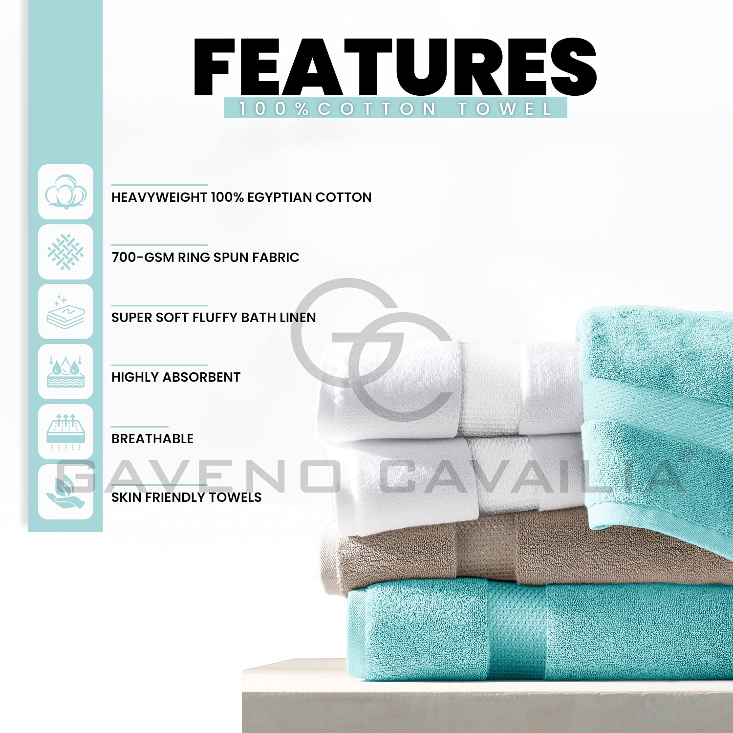 GC GAVENO CAVAILIA 700 GSM Premium Quality Hand Towels, Extra Absorbent 4pk 100% Ringspun Cotton Towel, Turquoise, 4PK - Image 2