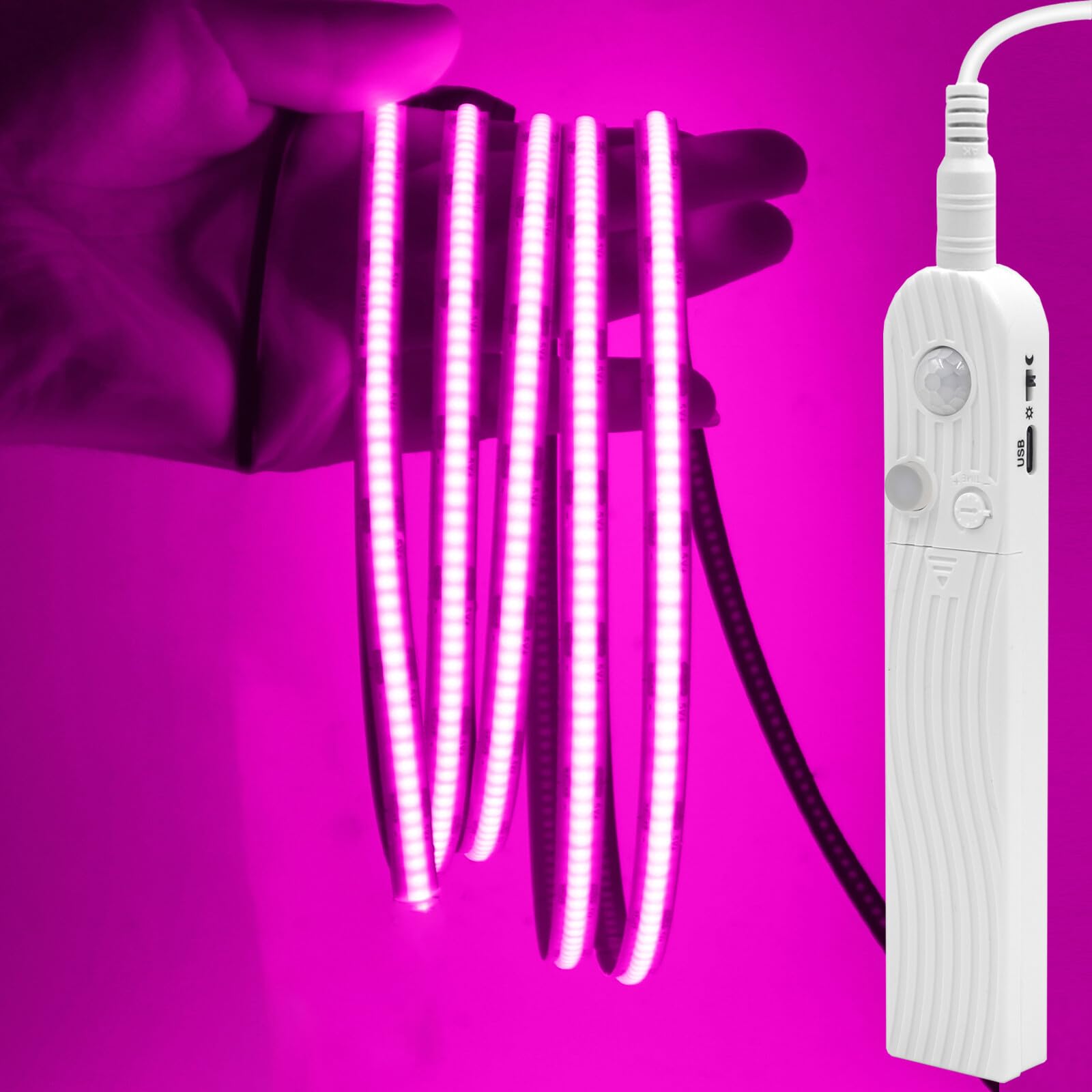 GQL Motion Sensor COB LED Strip Lights - PIR 5V Battery or USB Powered, Self-Adhesive for Closet Wardrobes Cabinets Stairs (Pink, 2m) — image 1