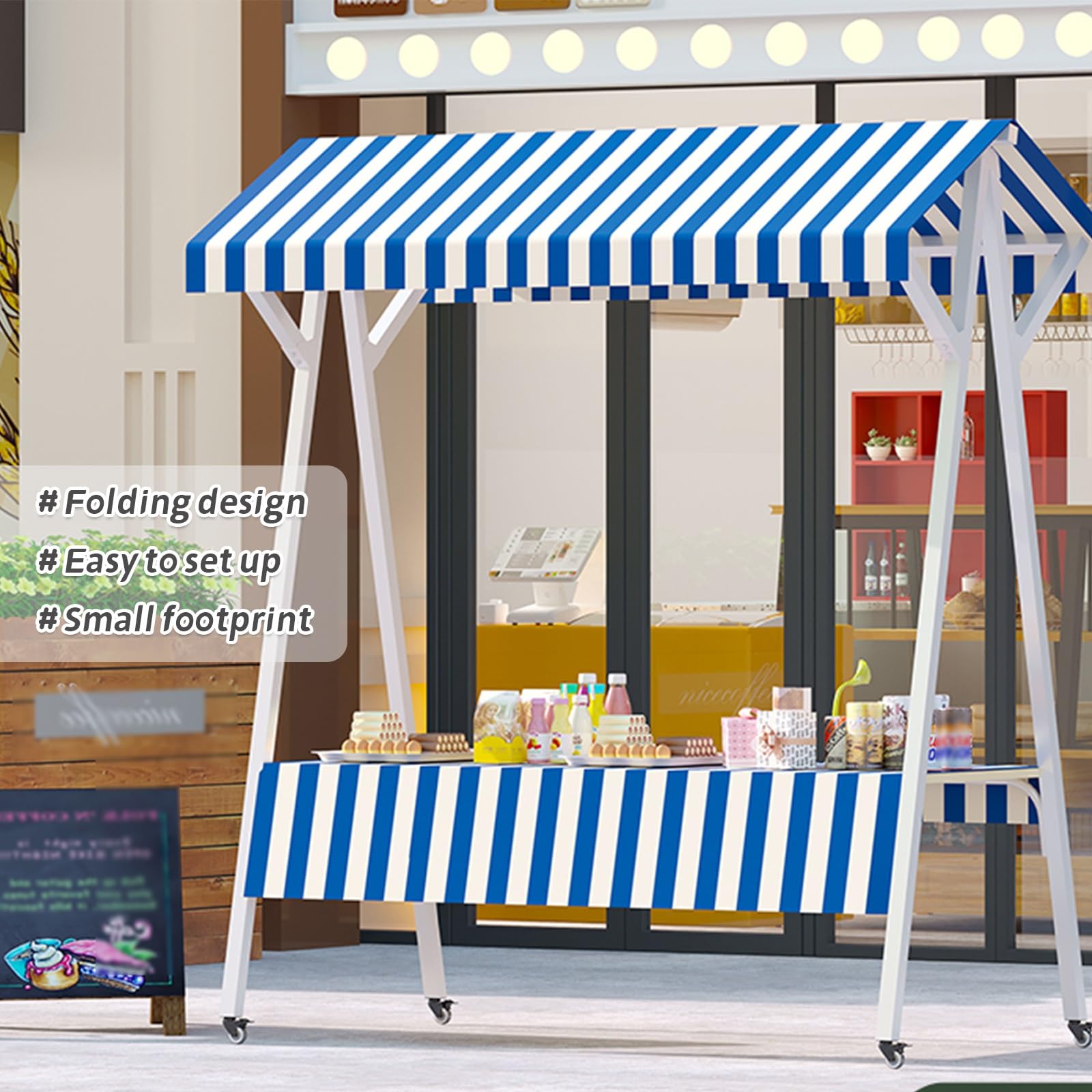 Bancarella per mercatino con tettoia, chiosco mobile con supporto per cibo da strada, acciaio al carbonio ispessito,carrello pieghevole,dotato di 4 ruote bloccabili(Red stripes,110x60x200cm)