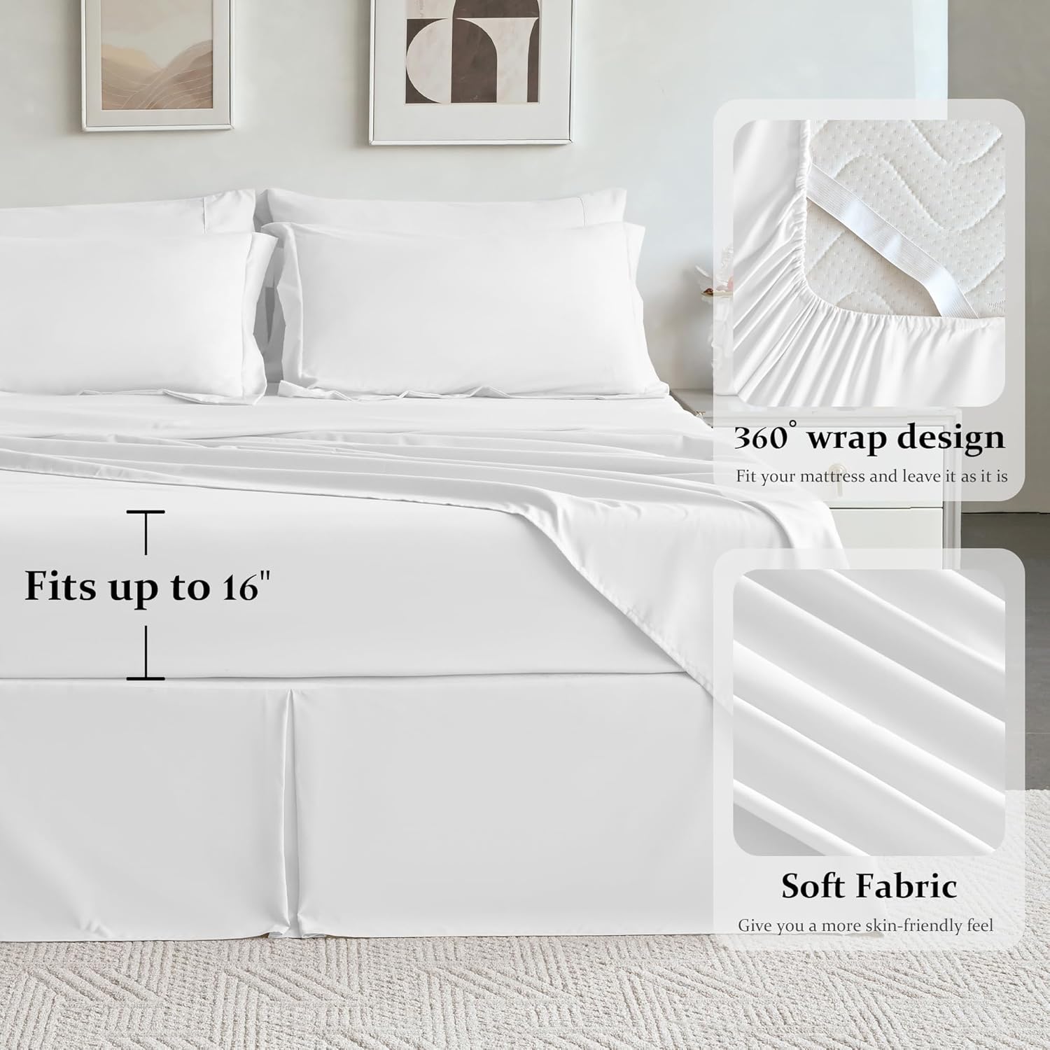 Newspin Queen Comforter Set White - Bed in a Bag Queen Size 8 Pieces, All Season Bed Set, Fluffy Comforter Set with Sheets, Sheet Set Quilt Blanket, Pillowcases & Shams & Bed Skirt