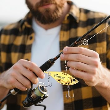 Personalised Laser Engraved Fishing Metal Lures with Customised Wooden Box Fishing Gifts for Men Dad Uncle Birthday 1st Year