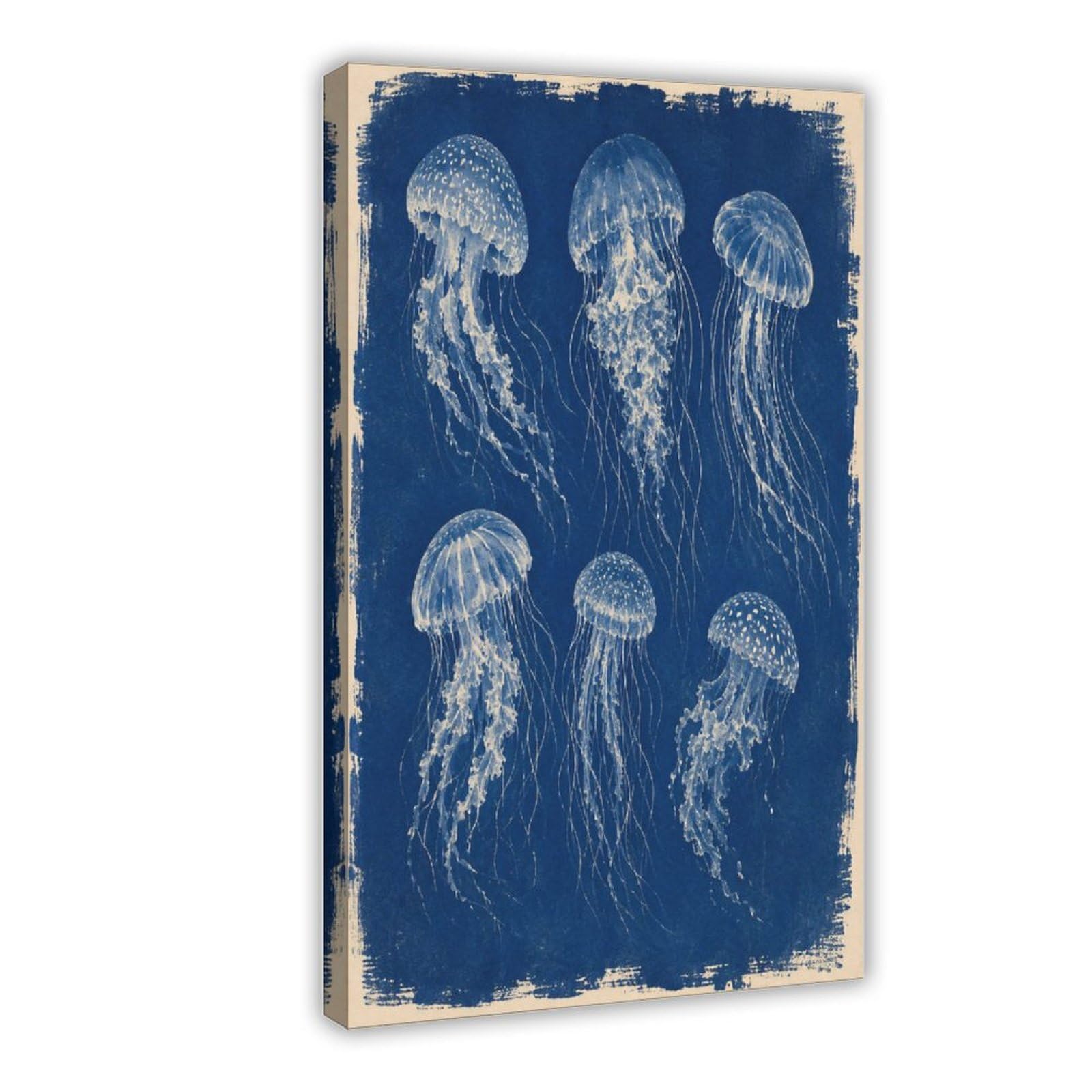W7c8u2x3 Frame-Style-1 Blue Jellyfish Study Canvas Wall Art, Indigo Ocean Office