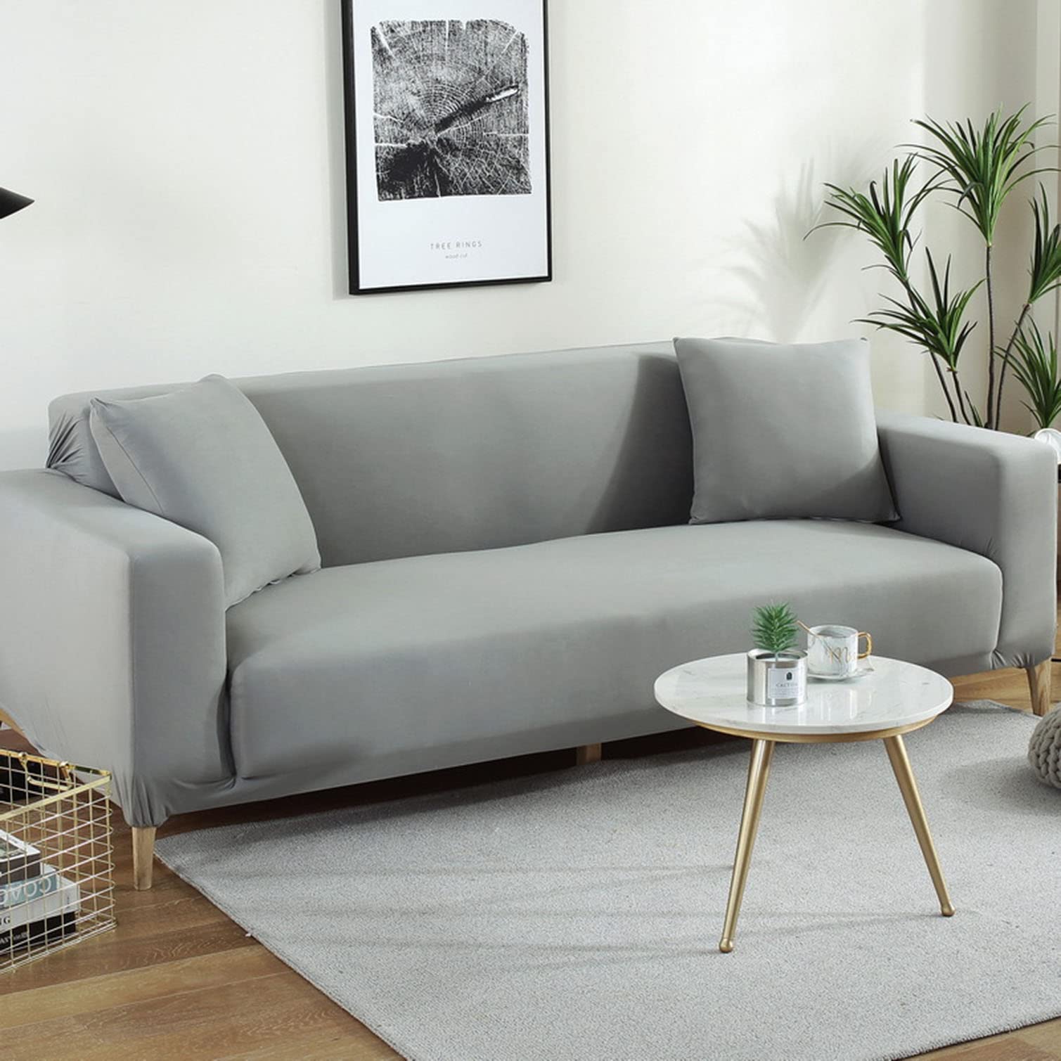 Housse de canapé extensible 4 places gris en soie de lait universelle