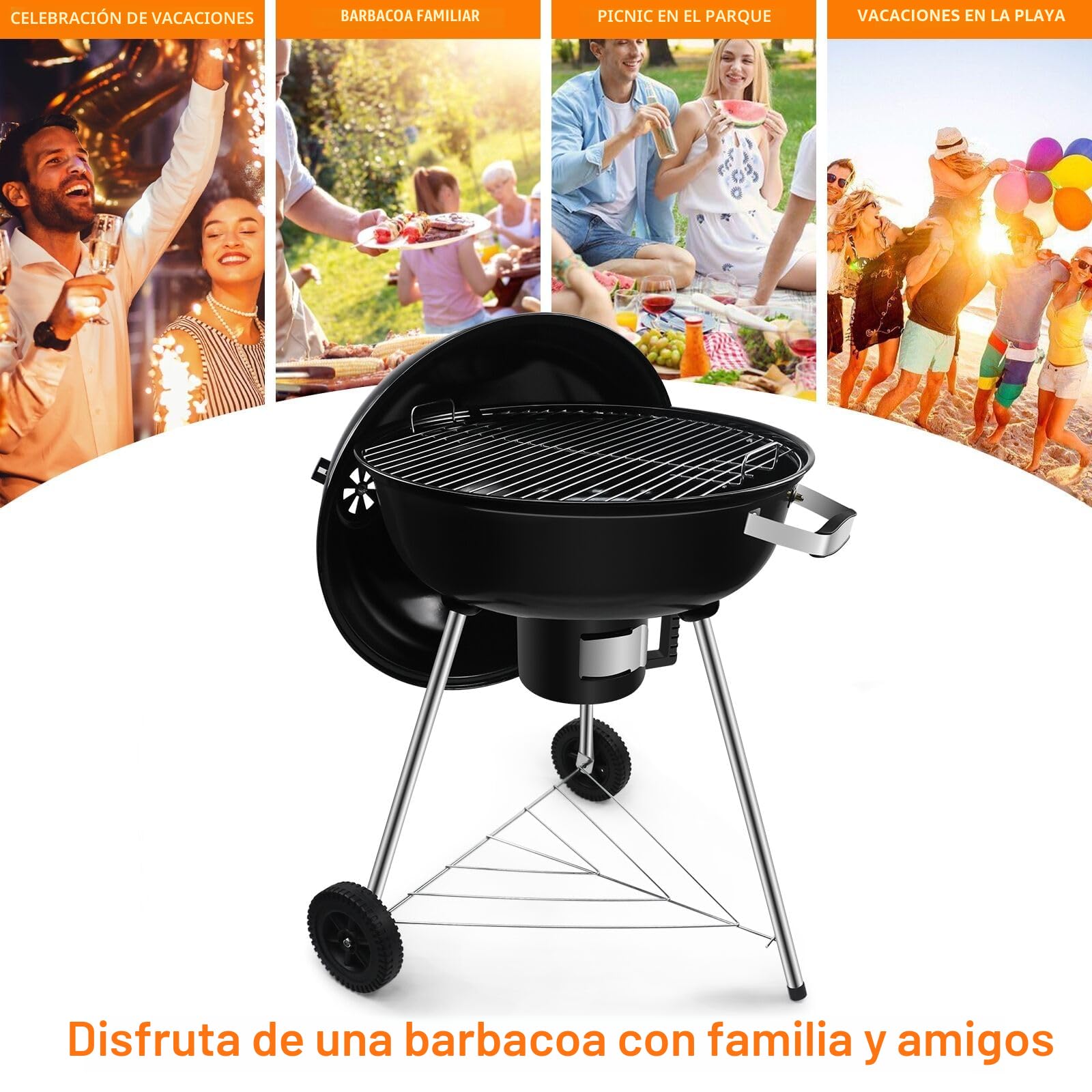 Barbacoa de carbón vegetal con tapa y ruedas, 54 cm de diámetro, compacta y fácil de transportar, perfecta para camping y eventos al aire libre, 64 x 64 x 99 cm | Parrilla de 54 cm de diámetro, carro de carbón vegetal con ruedas, adecuado para camping