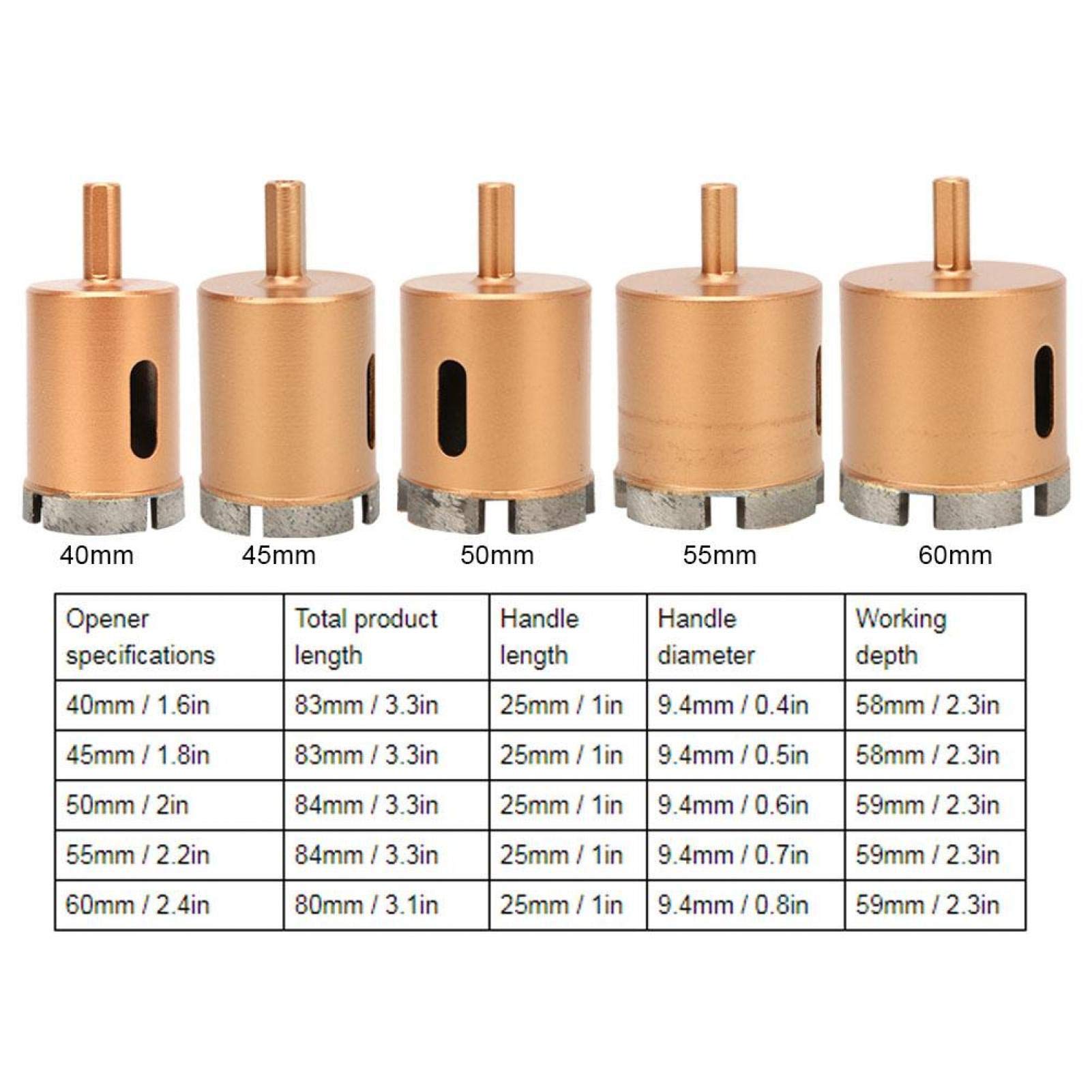 Wiertła diamentowe, 40-60mm trzpień trójkątny otwornice z rdzeniem pustym do wiercenia w płytkach, betonie, cegle, szkle, marmurze i ceramice (60mm)