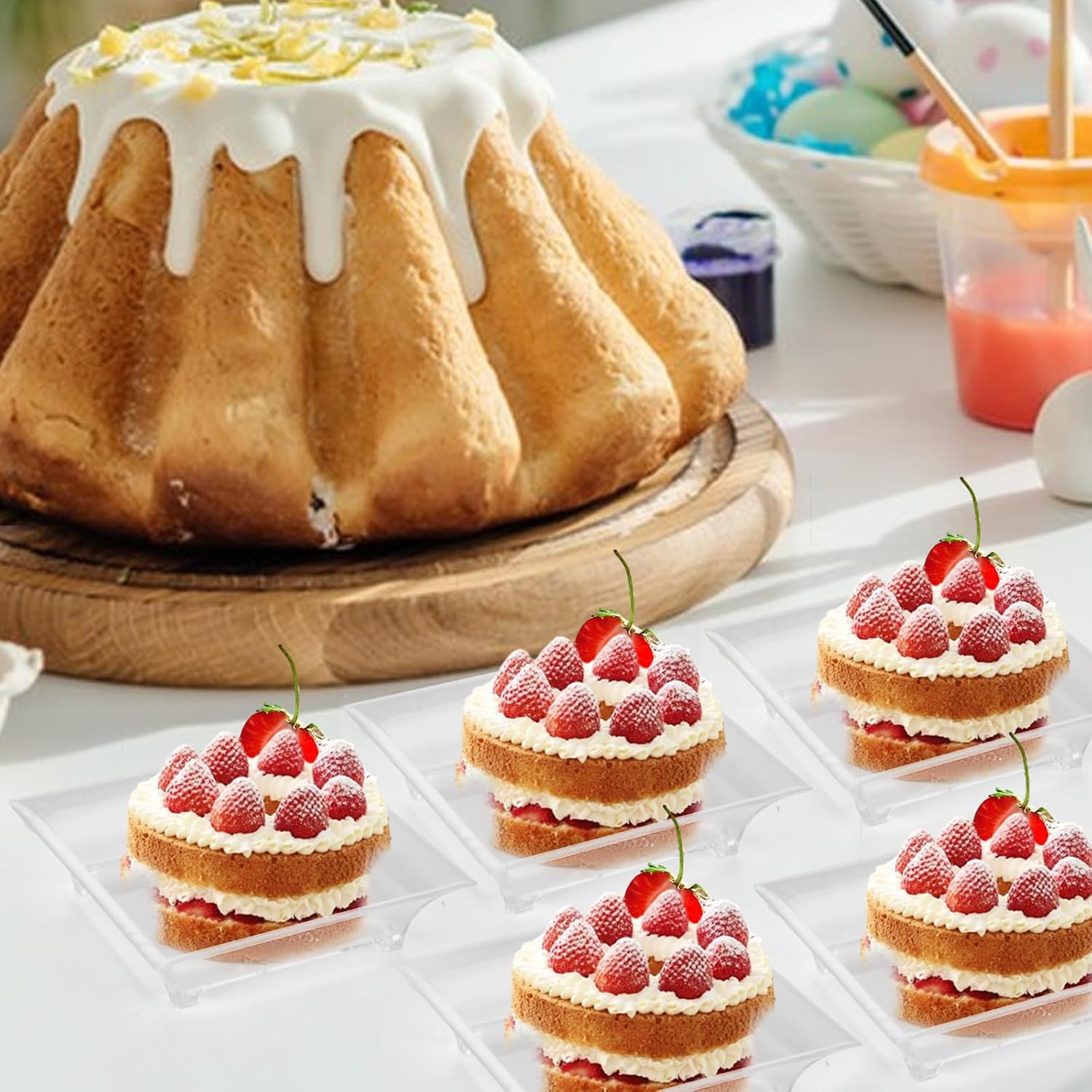 200 Pack 1 oz Mini Dessert Plates with Spoons, 2.5 x 2.5 Inch Mini Appetizer Plates, Small Square Plastic Dish for Sauce, Dessert, Fruit or Appetizer