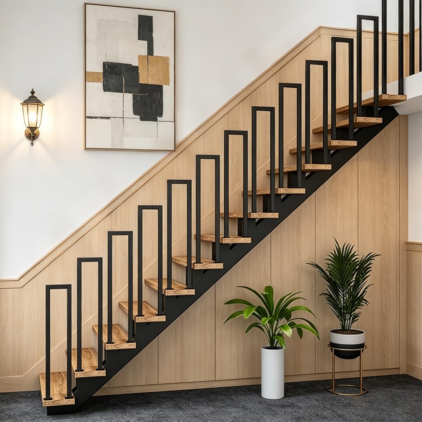 Railing Indoor & Outdoor, u-Shaped Stair railings Inside with Connectors & Screws, Adjustable Metal Stair Railing Baluster Post Set for Garden, Indoor and Outdoor（Black, 110CM-Right Angle）