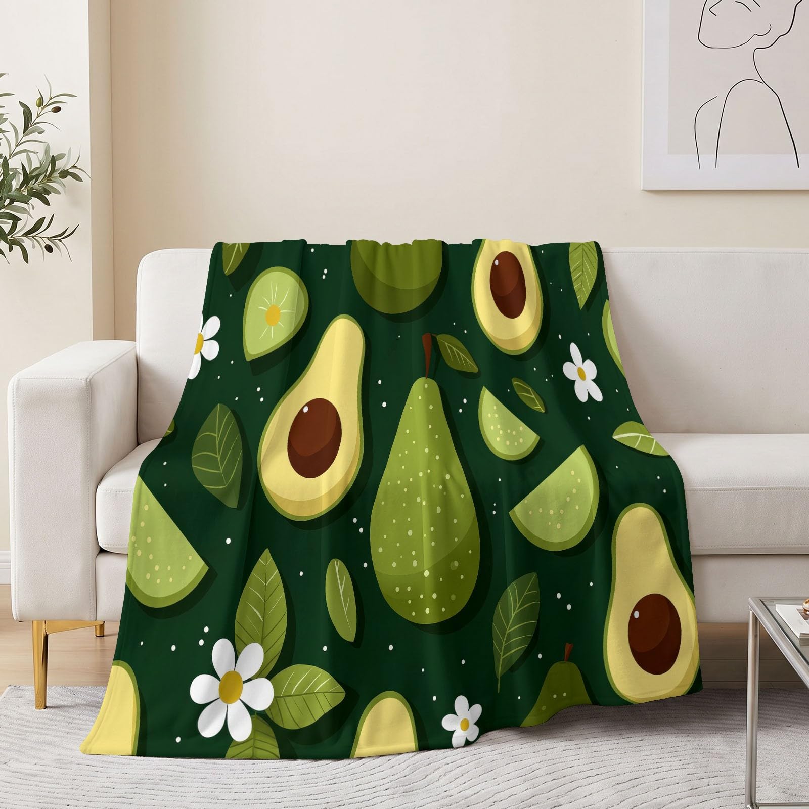 Manta de 180 x 220 cm, diseño de flores y aguacates con hojas impresas, manta de forro polar de franela cálida y mullida, bonita manta dibujada a mano para sofá, cama, viajes, camping