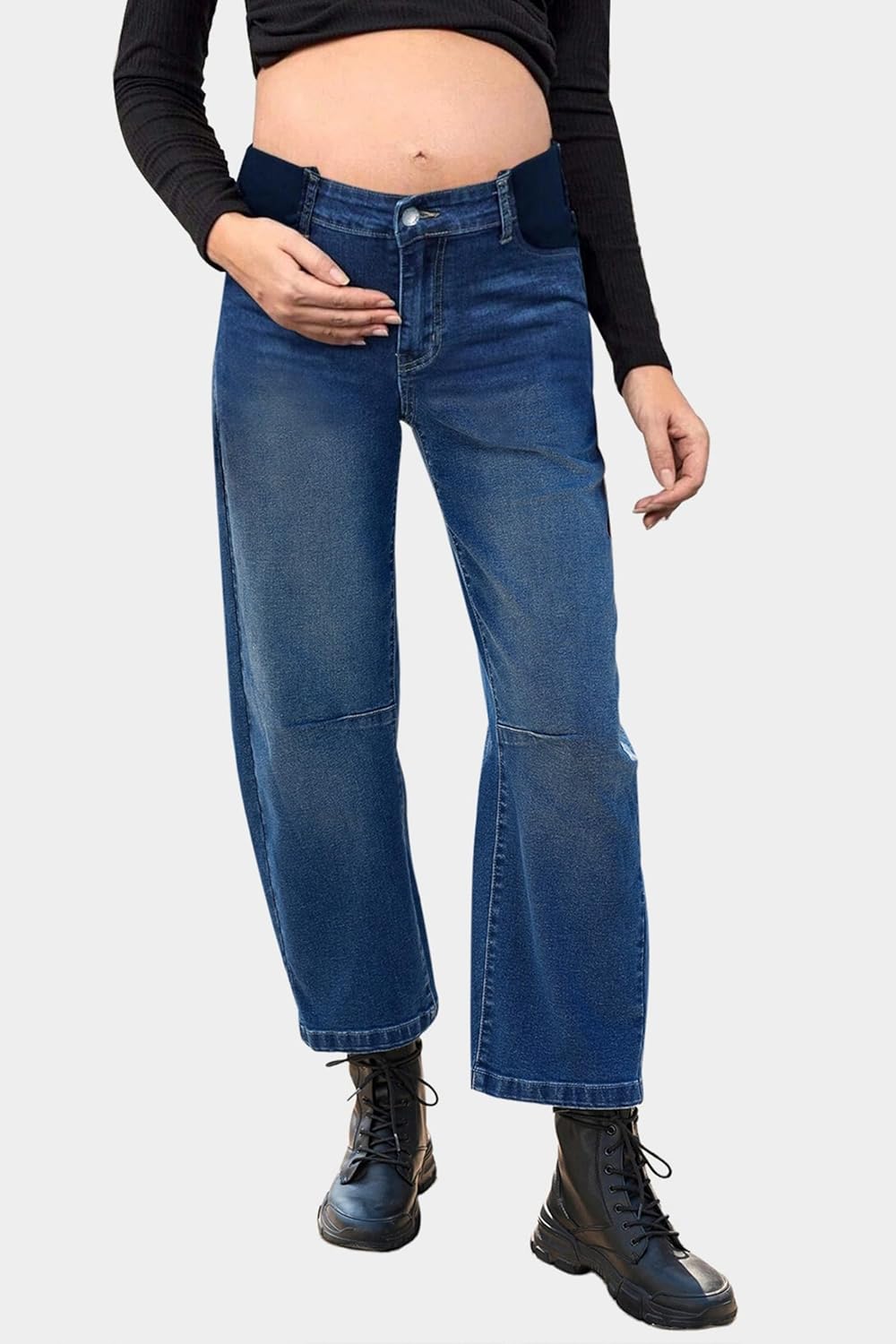 BLENCOT Women's Maternity Jeans Elastic Hight Waist Stretch Barrel Jeans Wide Leg Side Panel Pregnancy Denim Pants - Image 5