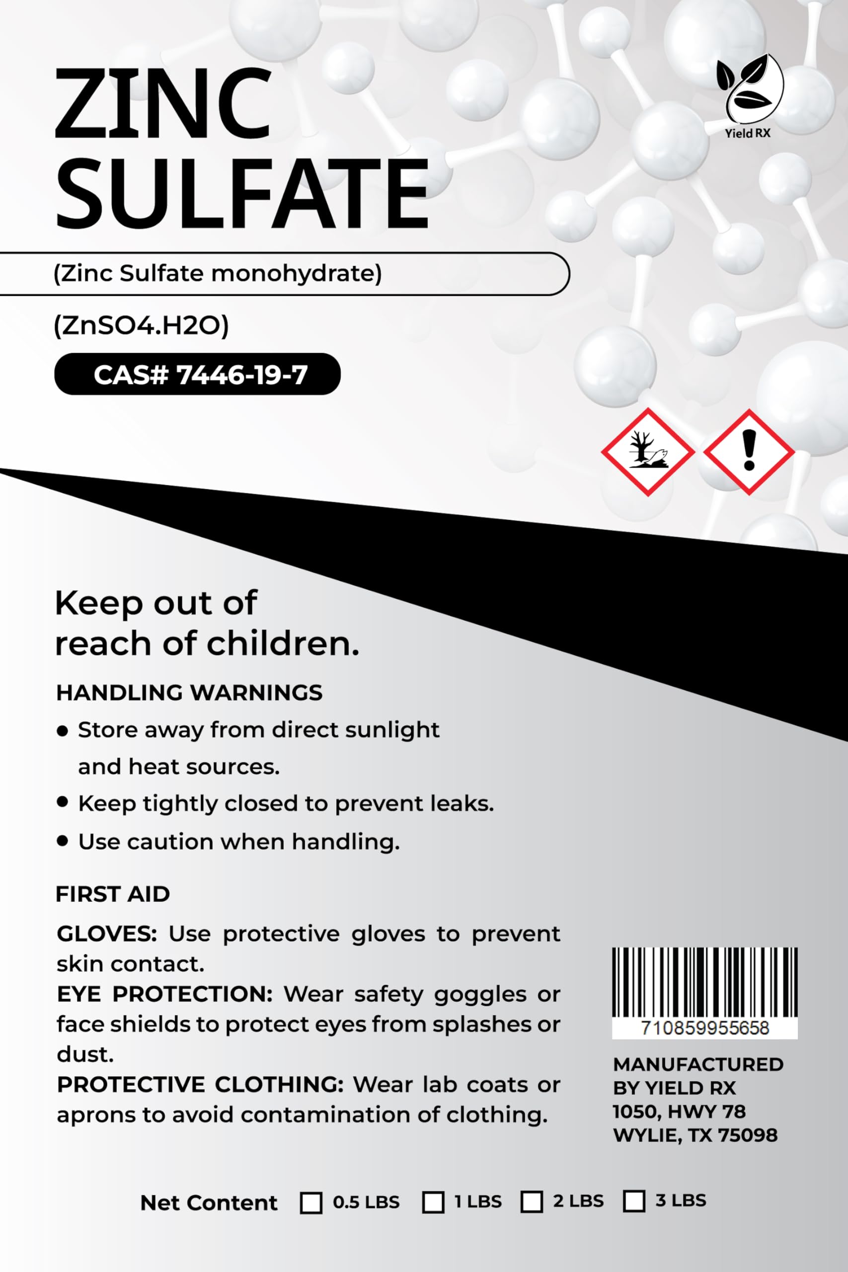 Yield RX Zinc Sulfate (Zinc Sulfate Monohydrate) (ZnSO4·H2O) - Chemical (3lb)