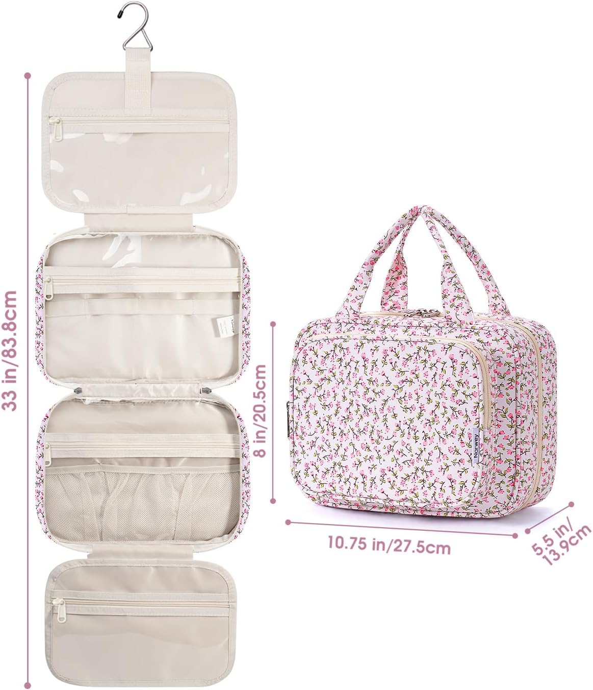 Narwey Hanging Toiletry Bag for Women Travel Makeup Bag Organizer Toiletries Bag for Travel Size Essentials Accessories Cosmetics (Green Leaves and Flower (Medium)) - Image 9