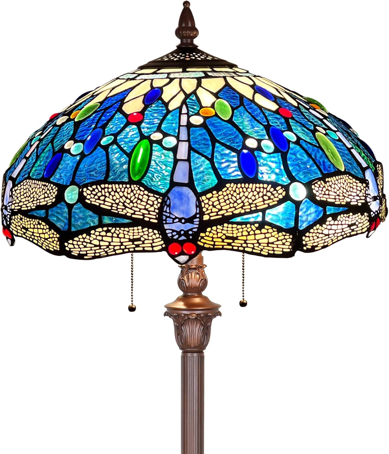 Capulina Tiffany Lamp Stained Glass Floor Lamp 2-Light 63 Inches Tall Industrial Dark Bronze Pole Sea Blue Dragonfly Tiffany Style Standing Lamp for Living Room Bedroom Home Office