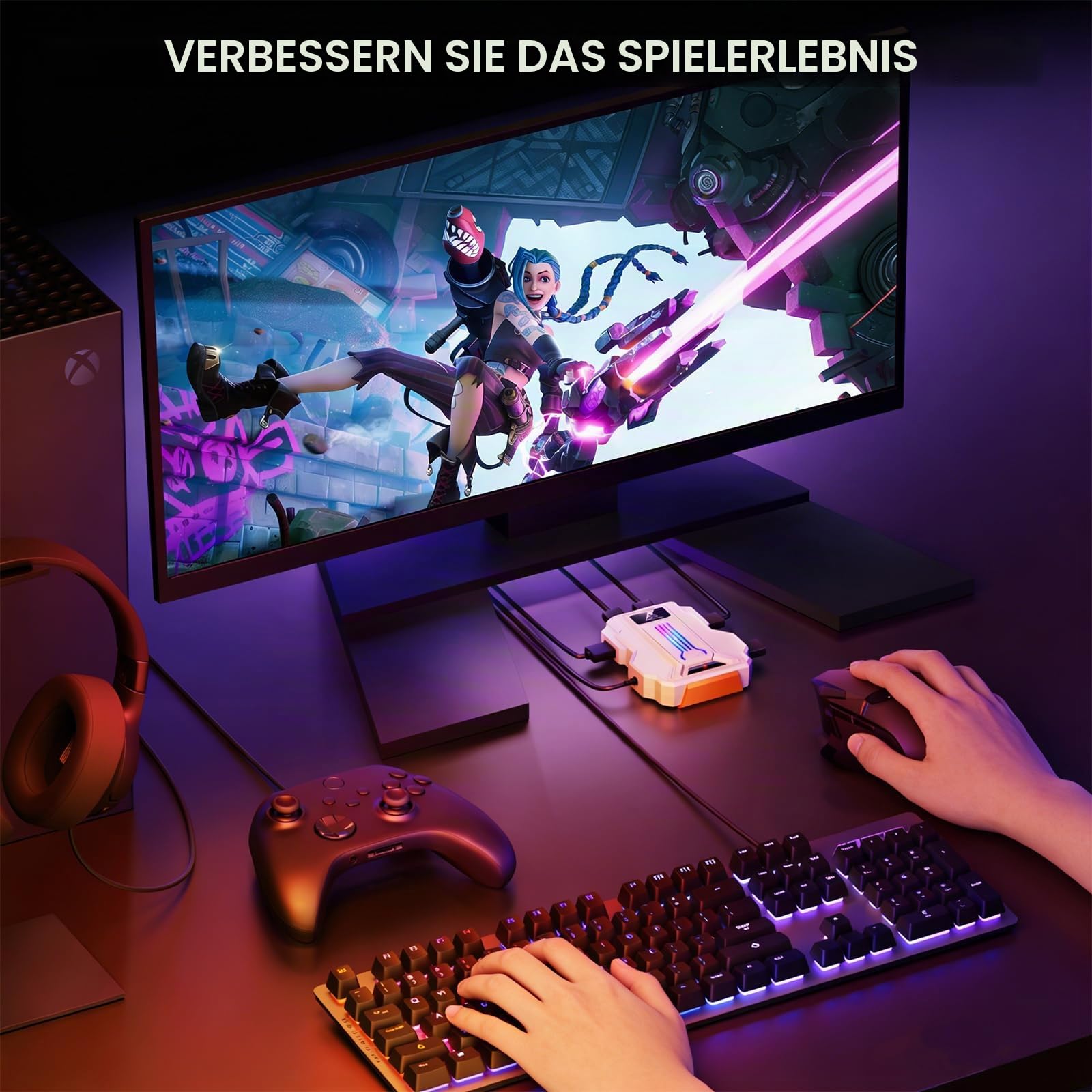 Tastatur- und Maus-Adapter für Nintendo Switch 2 & Switch, Xbox Series X/S, Xbox One/360, PS3/PS4, Konsolenkonverter mit 3,5-mm-Audio-Buchse, RGB-Licht, unterstützt App-Mapping/Maus-Empfindlichkeit