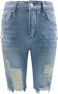 Silunma2021 Women's Destroyed Skinny Pockets Shorts Knee Length Mid Waisted Shorts Distressed Washed Summer Shorts