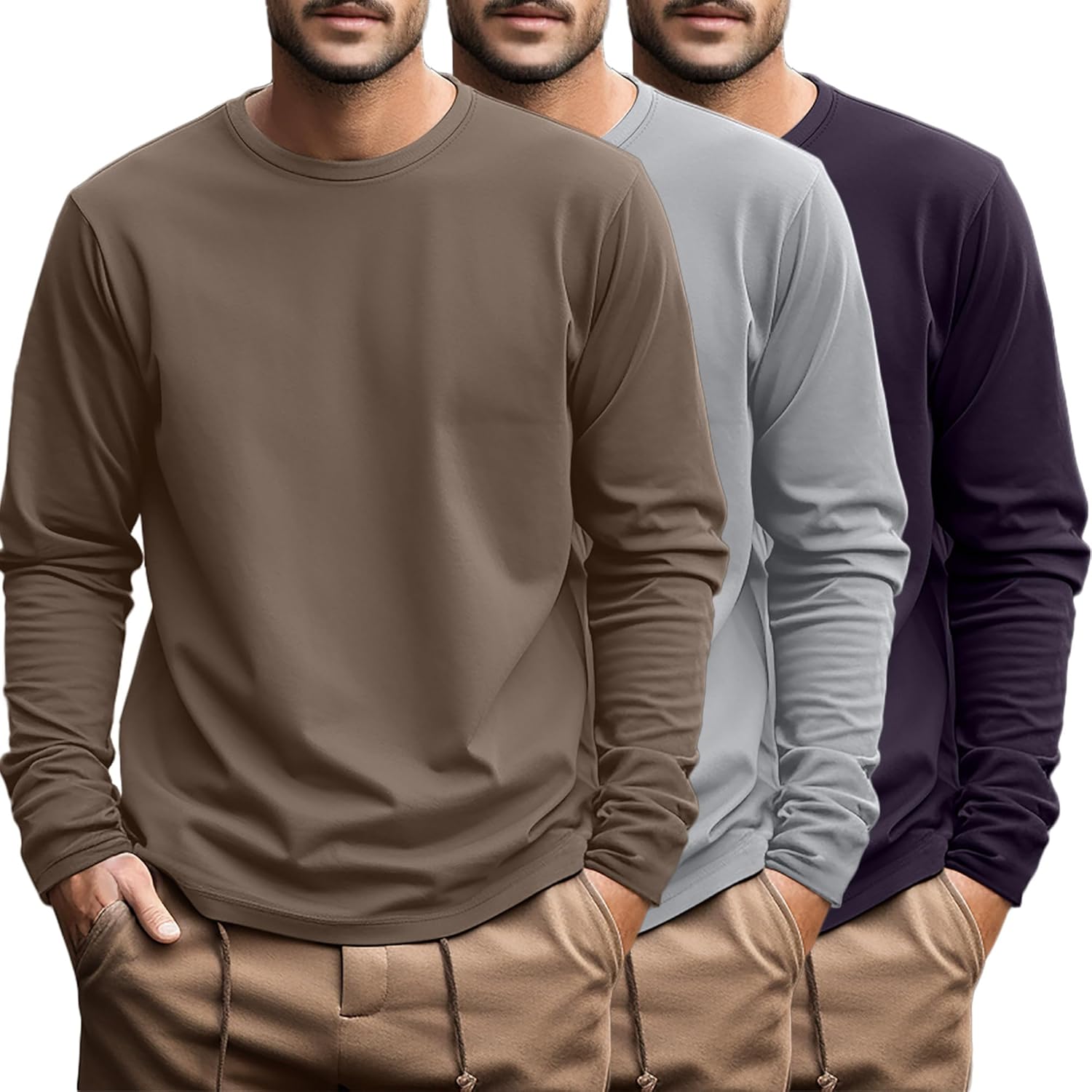 Ficerd 3 Pack Men's Big and Tall Shirts Long Sleeve Cotton Tee Crew Neck Oversize Tops Casual Loose Fit Knitted T Shirts