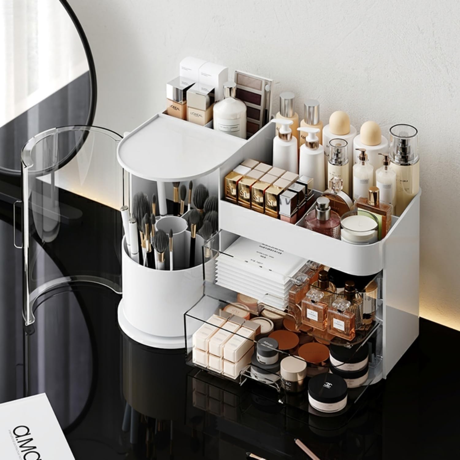 Makeup Organizer 14" D x 8.3" W x 9" H Cosmetic Organizer with Drawers Countertop Skincare Organizer for Vanity Cosmetic Display Case Storage Rotating Brush Holder (White)