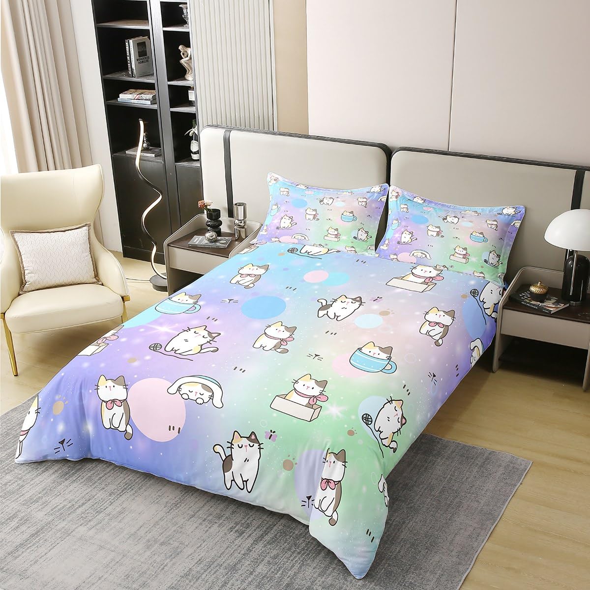 richhome Cartoon Cats Bedding Set Kids Teens Cute Kittens Duvet Cover Set Kawaii Pets Comforter Cover Set Purple Green Galaxy Bedspread Cover Bedroom Quilt Cover 2Pcs Single 100% Cotton