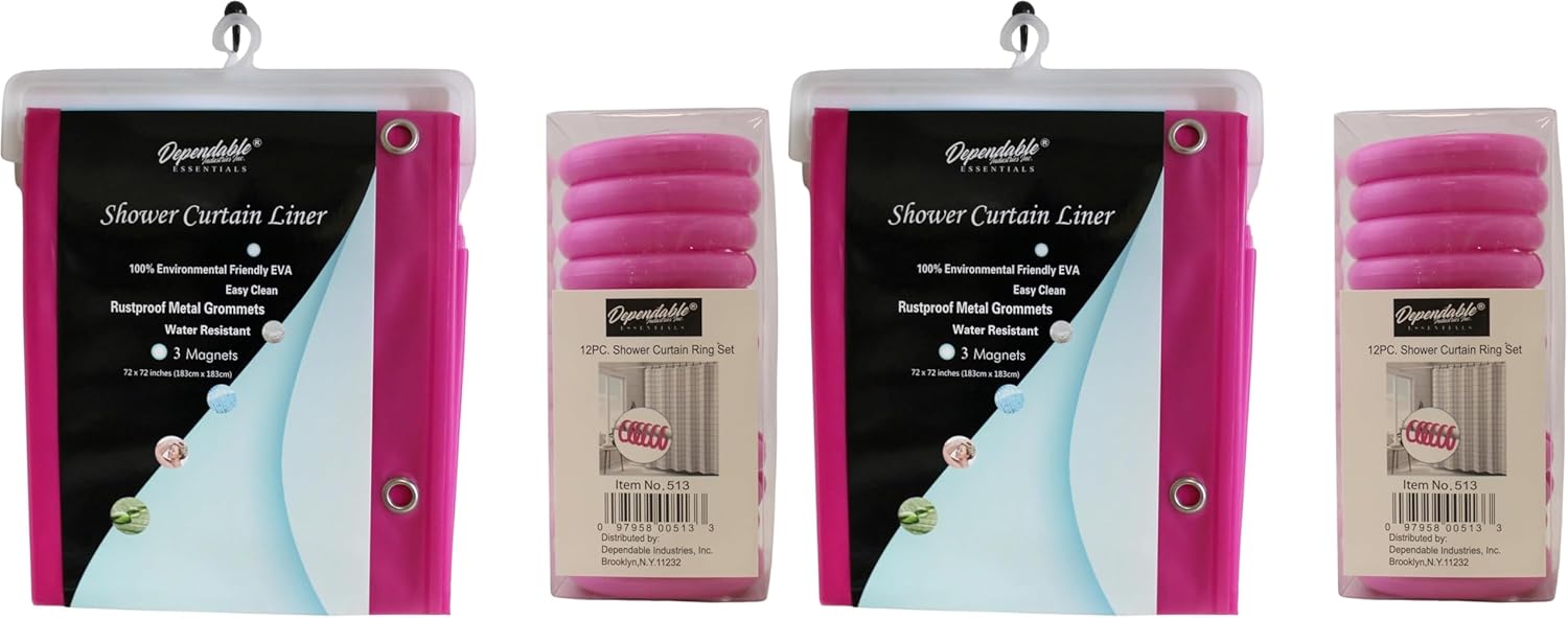 Hot Pink Shower Curtain Liner with Matching 12 Piece Plastic Locking Round Hooks - Waterproof, Easy Gliding Curtain Rings - Fits All Standard Size Shower Rods - 72" x 72" (Pack of 2)