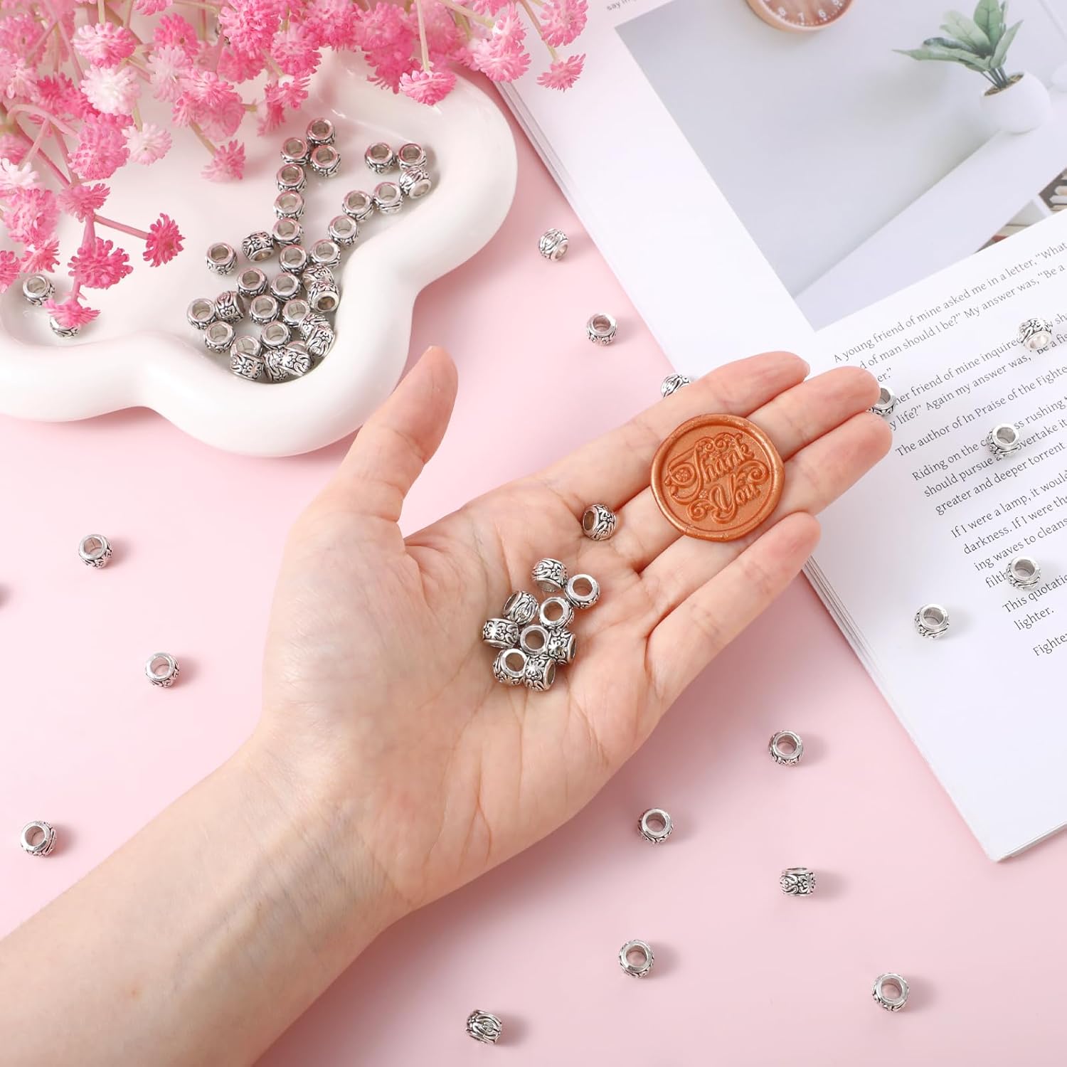 100Pcs Silver Round Spacer Beads, 8mm Retro Pattern Alloy Beads Round Tube Charm Beads with Large Hole Metal Bracelet Spacer Beads for Jewelry Making Necklace DIY Craft Supplies