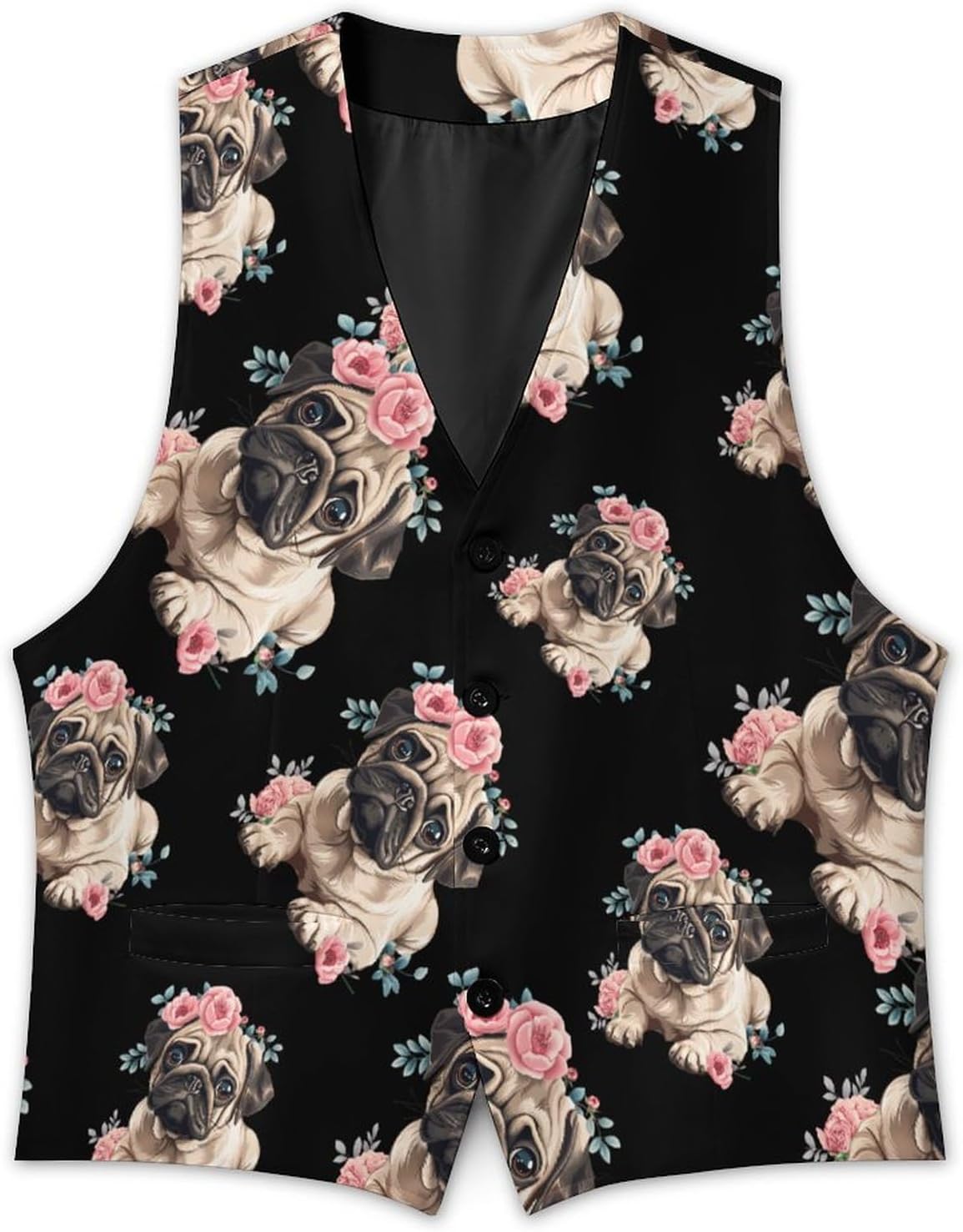 Pug Dog Flowers Men's Suit Vest Formal Vests Casual Dress Fit Waistcoat Casual Tuxedo for Business