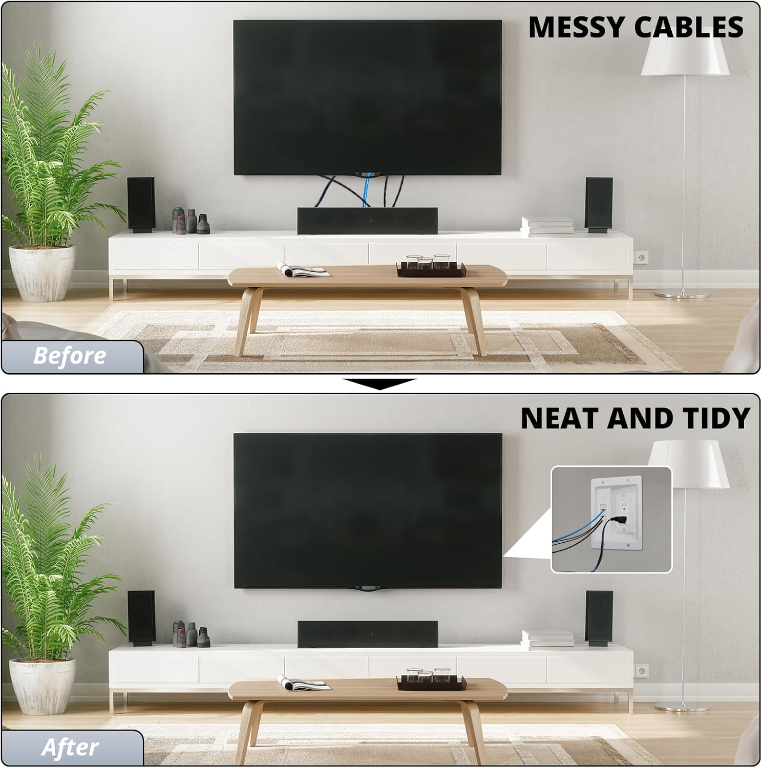 HXH In Wall Cable Concealer Kit, Recessed Outlet Box with Brush Wall Plate, TV Wire Hider for Mounted TV & Home Theater,Cable Management Kit Hides Power Cords & Low Voltage Wires, White (Hardwired)