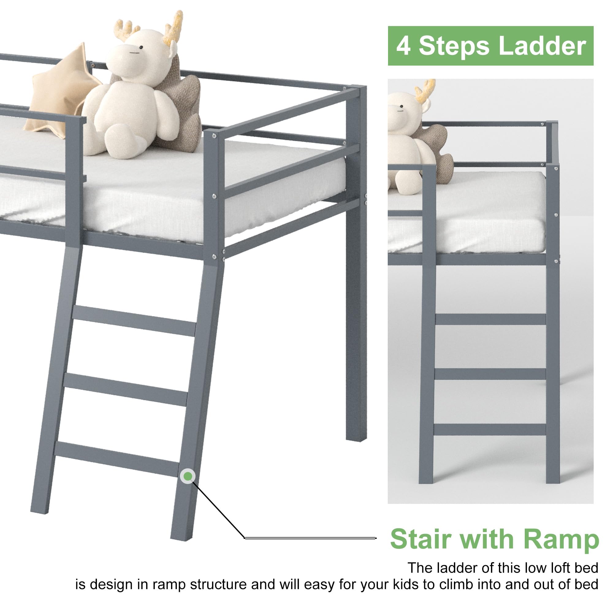 Cama tipo loft de metal bajo con escalera y barandilla para niños o adolescentes, cama tipo loft que ahorra espacio, tamaño individual para dormitorio pequeño, color gris 4