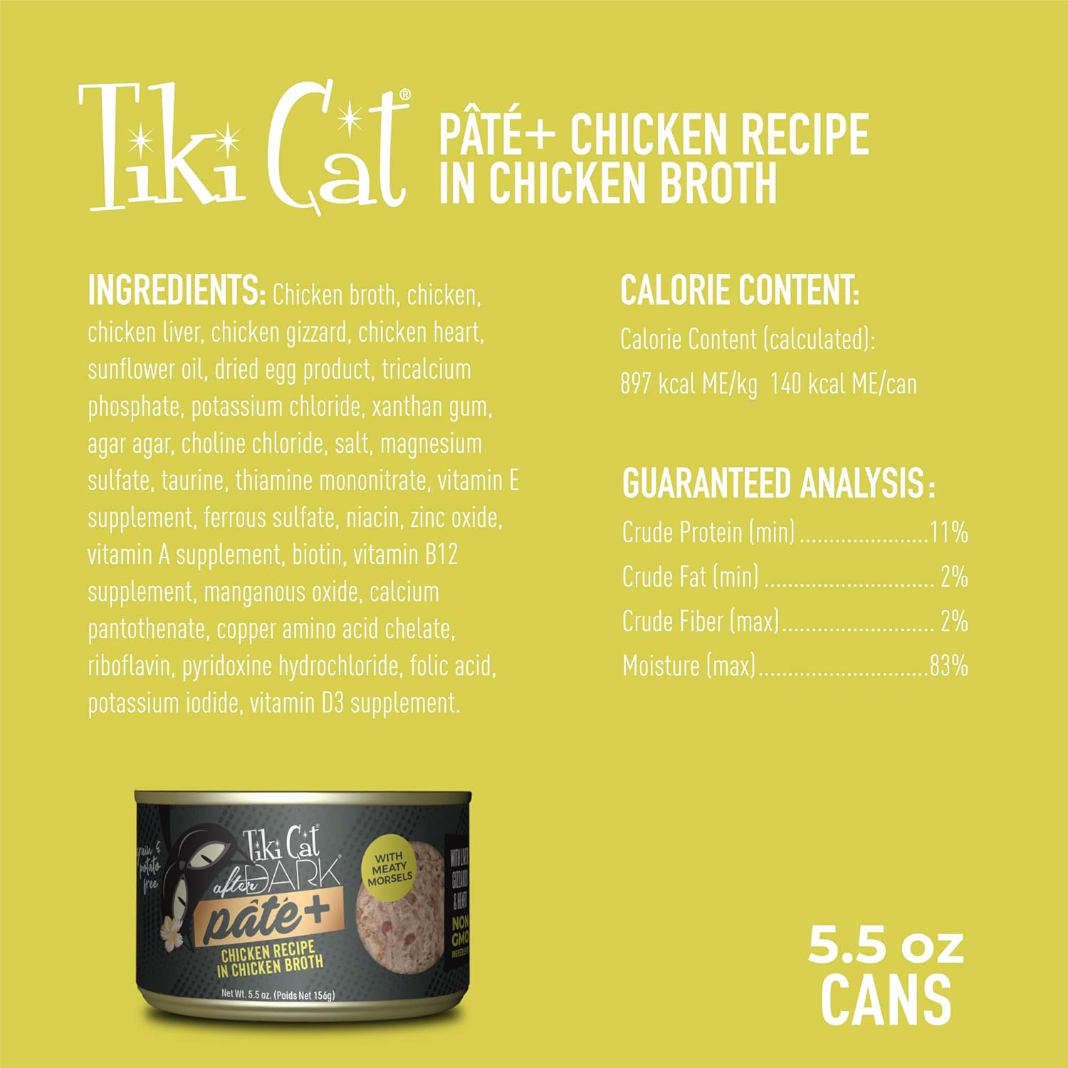 Tiki Cat After Dark Pate+, Chicken Recipe in Chicken Broth, with High Moisture Broth for Optimal Hydration, Wet Canned Cat Food, 5.5 oz. Cans (Pack of 8)
