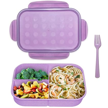 Bento Box Japanese Lunch Box - LAIDIAN 3 Compartment Bento Box for Kids Adults with Fork - Leak-Proof Durable Containers for On-the-Go Meal, BPA-Free and Food-Safe Materials (Purple)