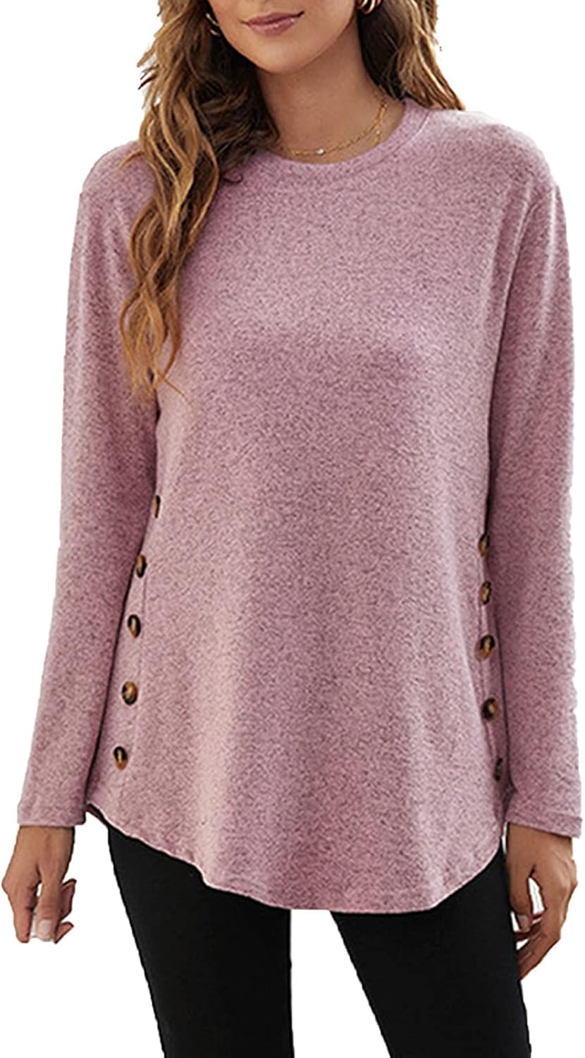 Women O-Neck Long Sleeve Top Button Plus Size Shirts Solid Color Full Sleeve Tunic Blouses at  Women’s Clothing store