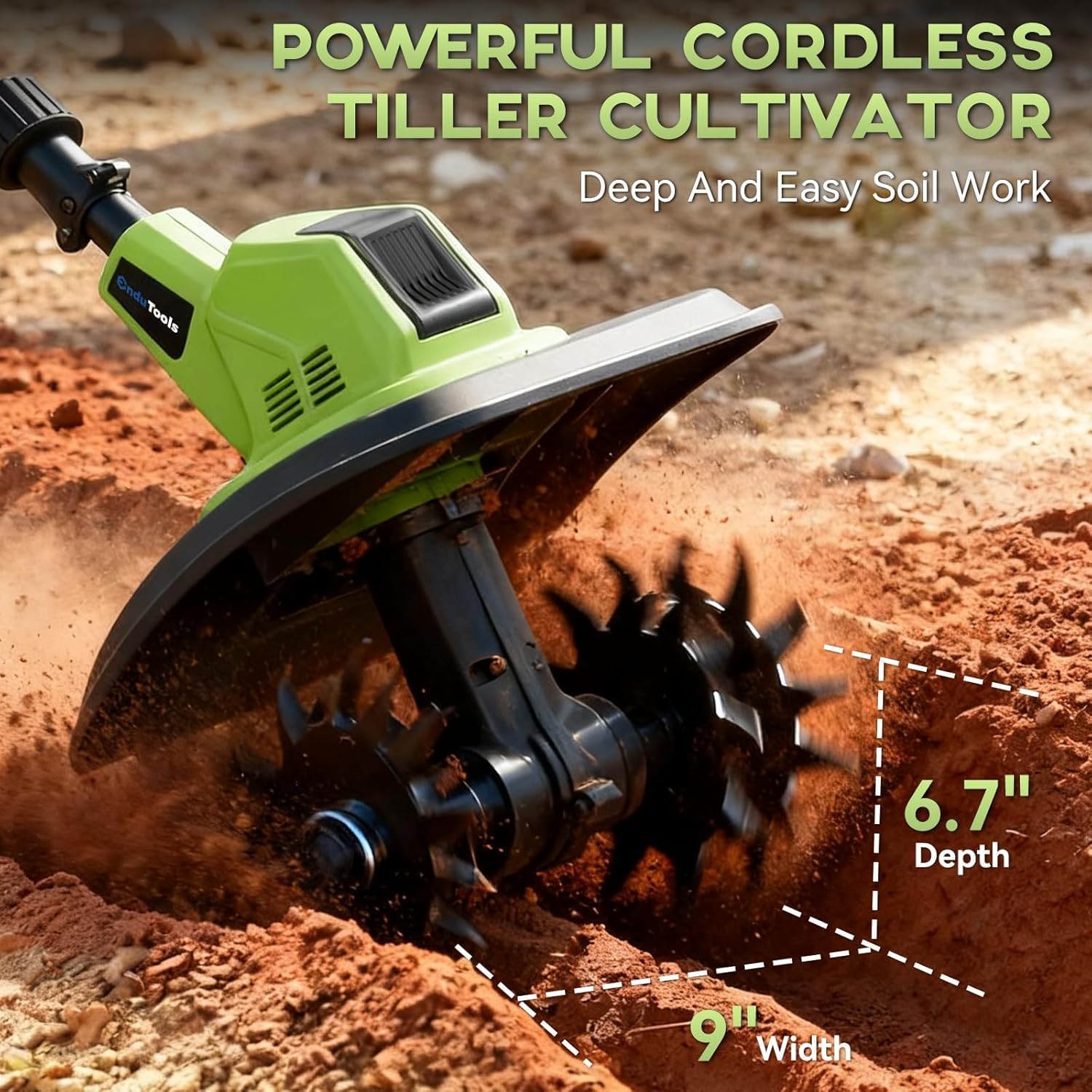 Cordless Tiller Cultivator - 21V 360RPM Electric Garden Tiller with 2 * 4.0Ah Batteries & Fast Charger, 9In Tilling Width and 6.7In Depth, Tiller for Gardening, Lawn, Soil, Green