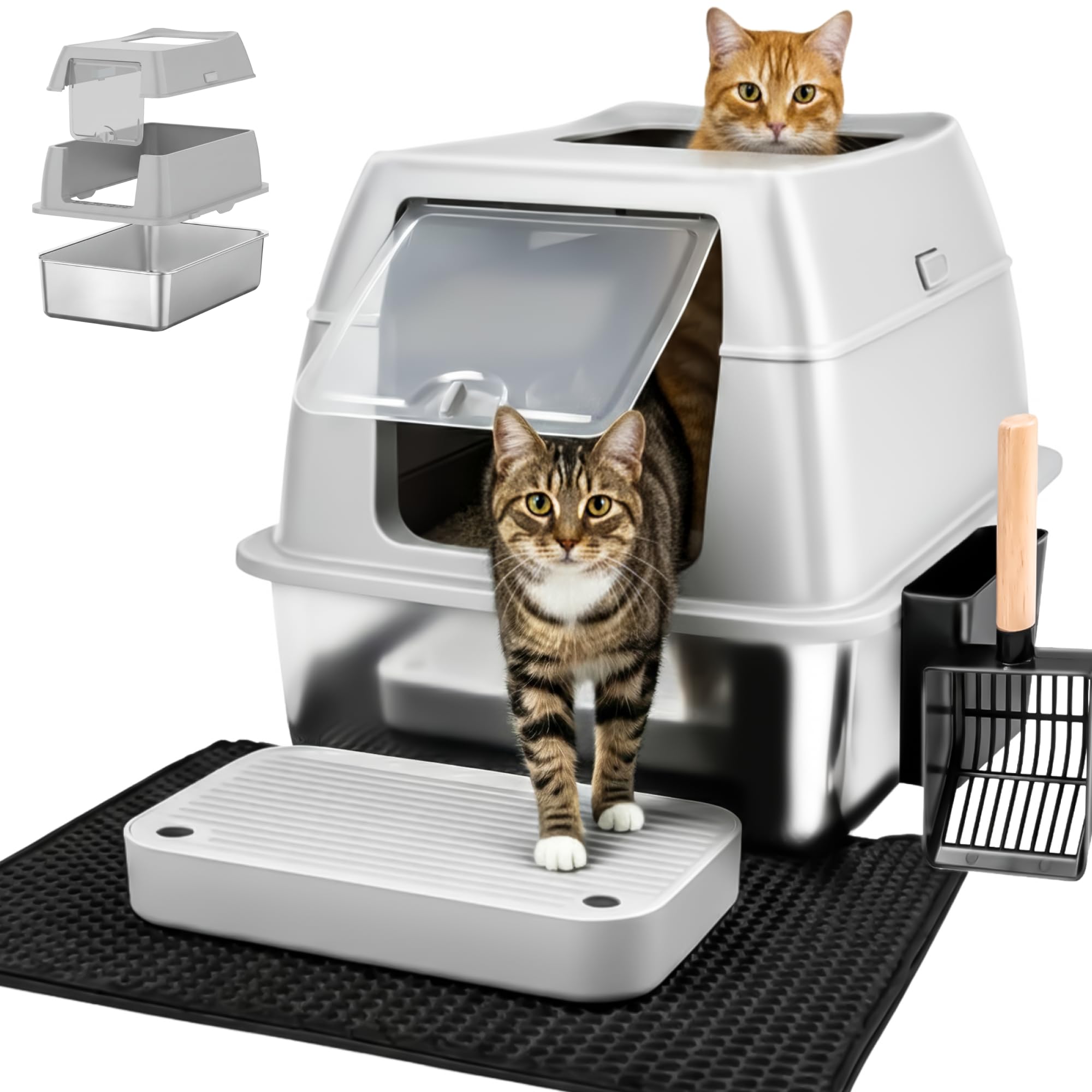 Stainless Steel Cat Litter Tray - Easy to clean - Non Stick Surface - Stainless Steel Litter Box - 38L Capacity - Odor Free Metal Litter Tray - With Scoop & Litter Mat - 23.6"× 15.7"×15.9" - Gray