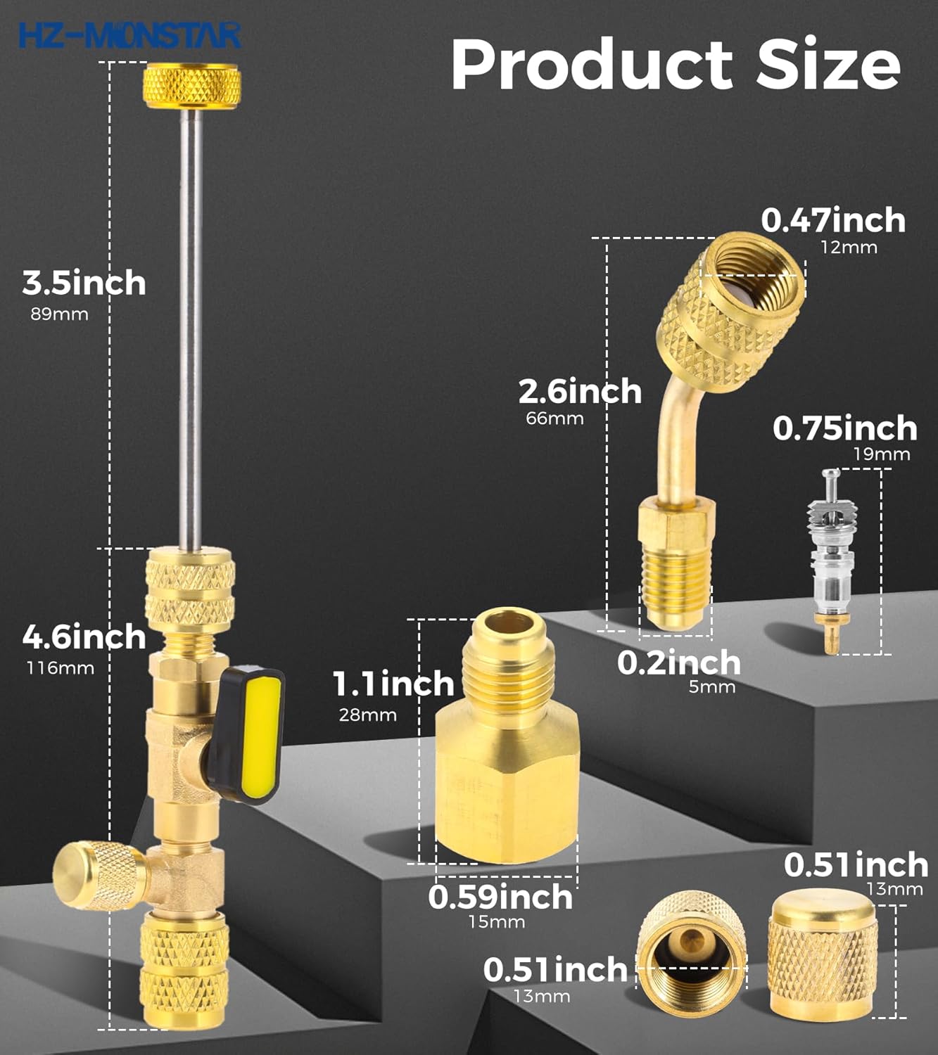 R410A R22 Valve Core Remover Installer Tool Kit with Dual Size 1/4" 5/16" Port, R134A Angled Shut-Off Ball Valve Adapter 1/4" SAE, R410A Adapter 1/4" Male 5/16" Female for R12 R22 R502 AC Refrigerant