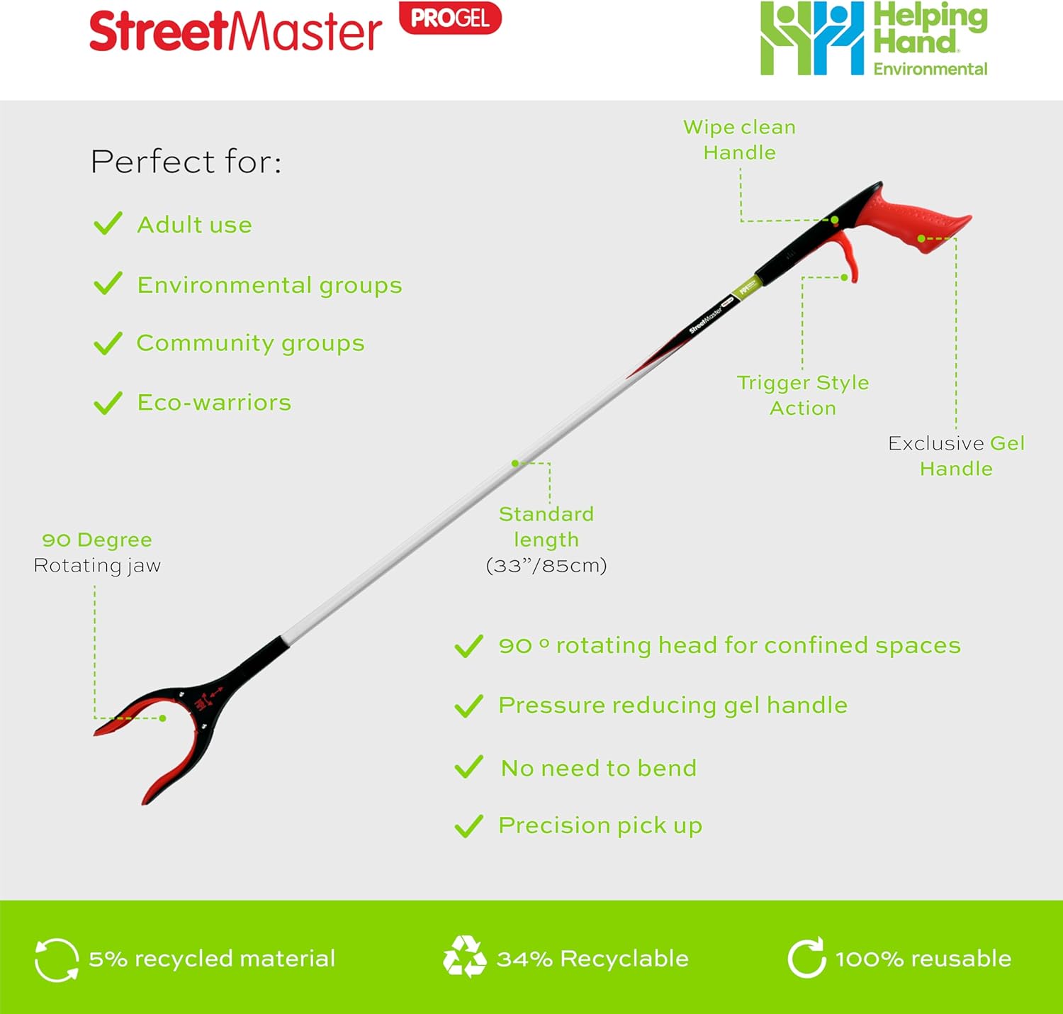 The Helping Hand Company LP2633IB Streetmaster Pro Gel Litter Picker, Red/Silver, 33-Inch