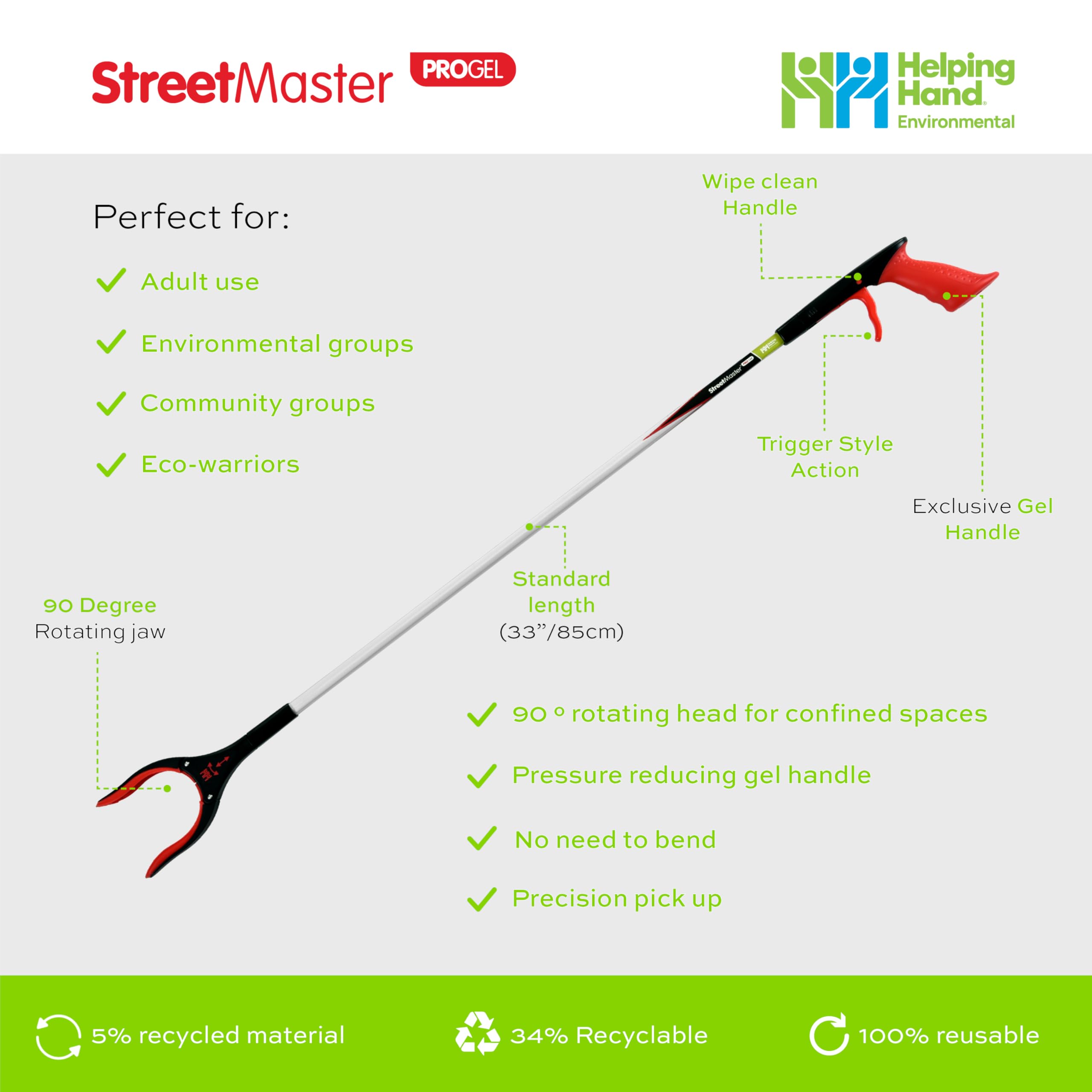The Helping Hand Company Street Master Pro Pince à litière en Gel pour Adultes avec poignée Confortable, tête rotative 90°