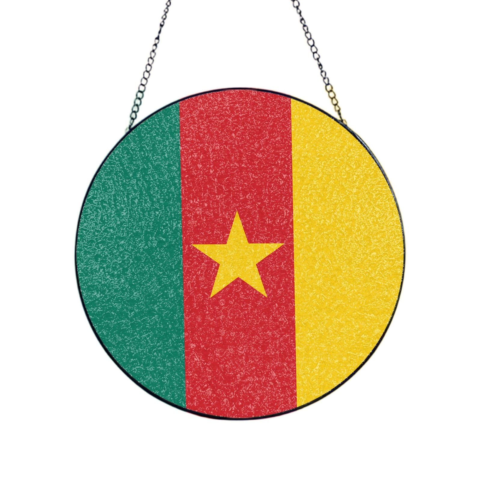Phayah Flag Of Cameroon Print Glass Window Hanging Round Suncatcher Glass Ornament Garden Wall Fence Decorations Indoor Outdoor 6in（15cm）
