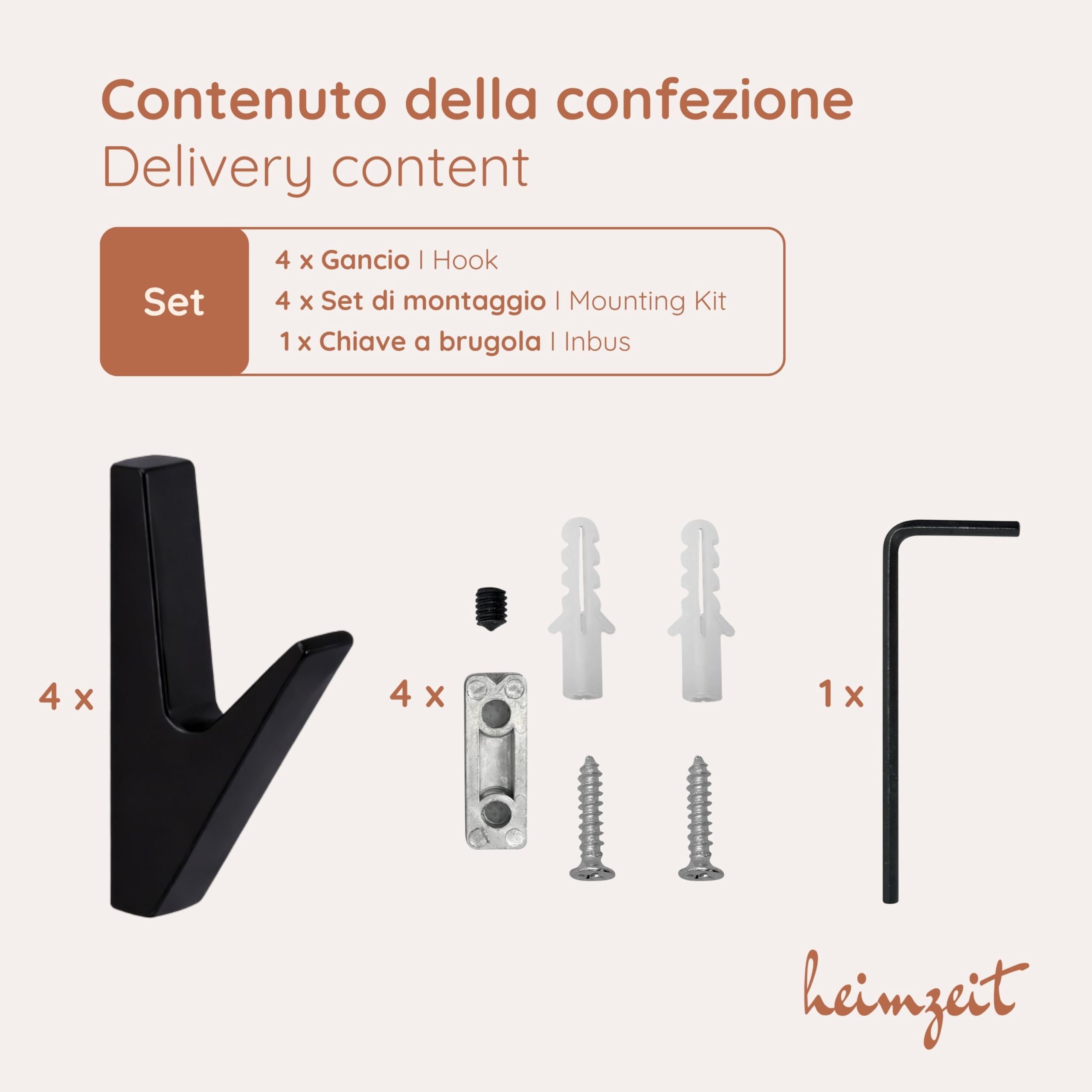 Ganci Appendiabiti Volt da Avvitare 4 Pezzi in Nero, Appendiabiti da Parete per Guardaroba, Giacca, Asciugamano, Zaino e Vestiti, Design Moderno, Ganci in Metallo da Forare