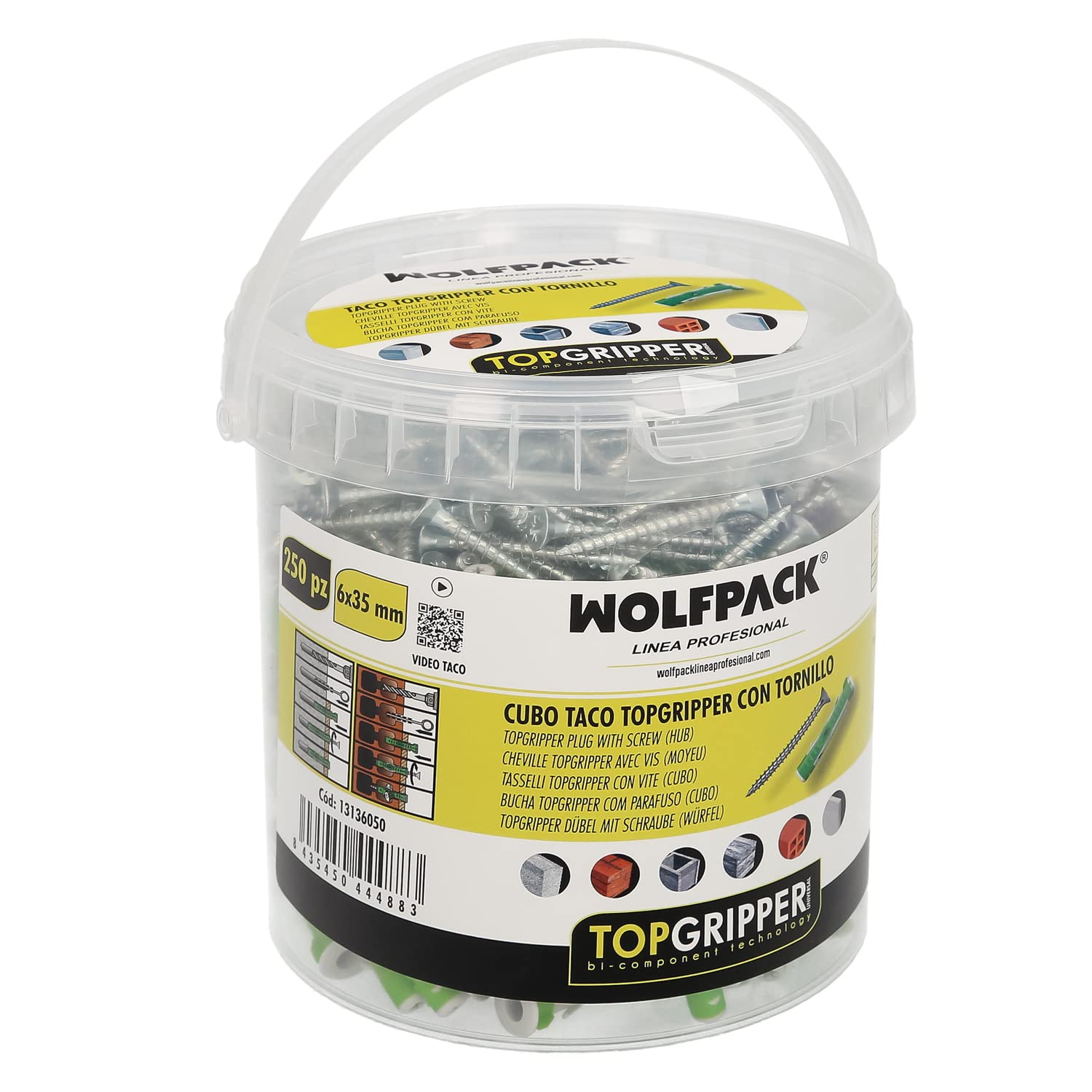 WOLFPACK LINEA PROFESIONAL - Cubo Tacos Topgripper Bimaterial Con Tornillos Ø 6 mm. 250 Piezas Taco Anclaje Universal, Taco Hormigon, Taco Pladur