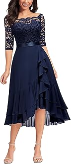 Women's Elegant Lace Chiffon 2/3 Sleeve Off-Shoulder Cocktail Ball Bridesmaid Patry Swing Midi Dress