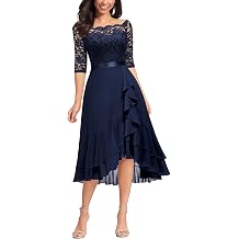 Miusol Womens Off Shoulder Lace Half Sleeve Ruffle Hi-Lo Party Midi Dress | Satin waistband, side layered ruffle chiffon dress for cocktail, wedding guest, evening party