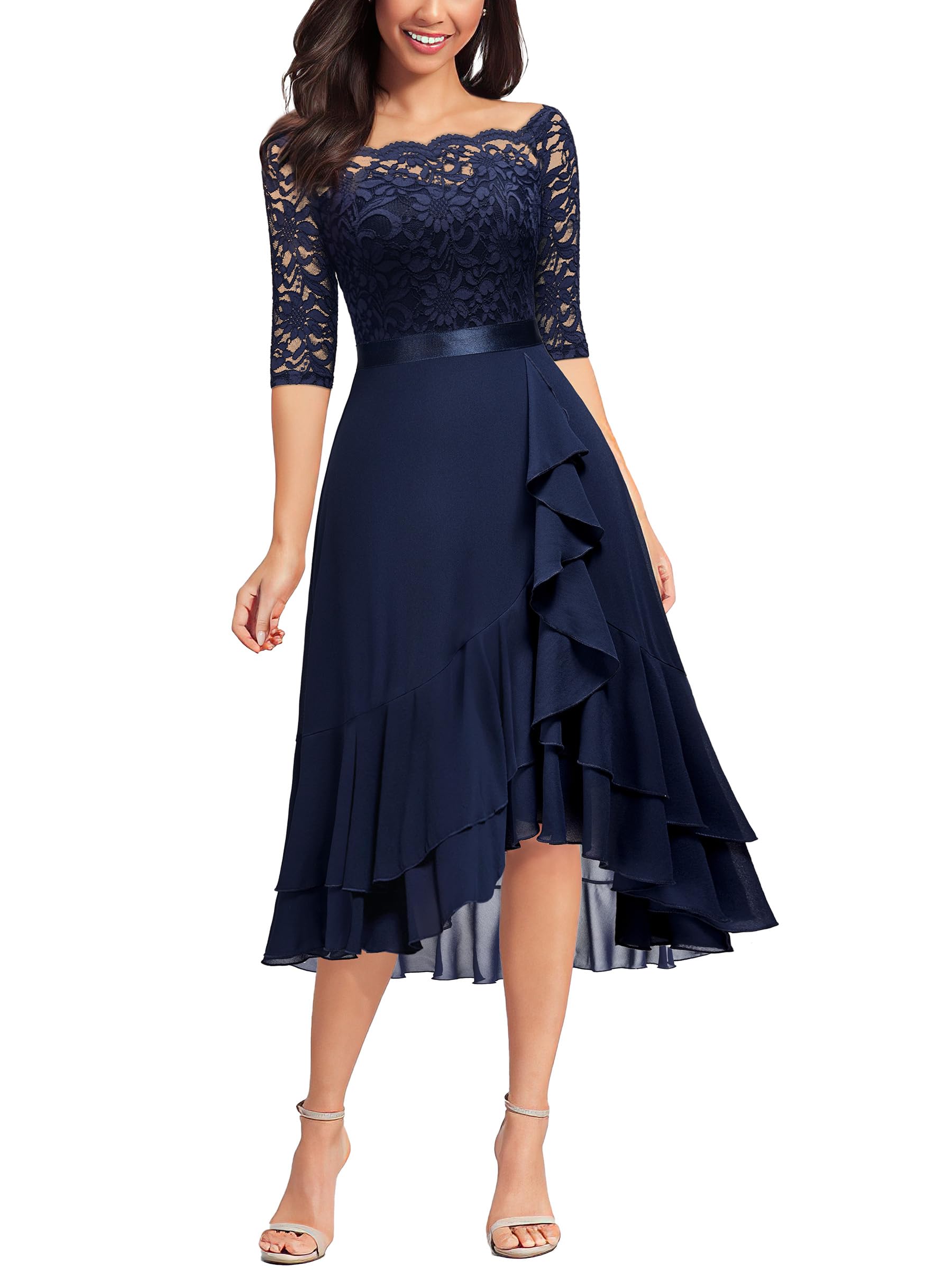 MIUSOLWomen's Elegant Lace Chiffon 2/3 Sleeve Off-Shoulder Cocktail Ball Bridesmaid Patry Swing Midi Dress