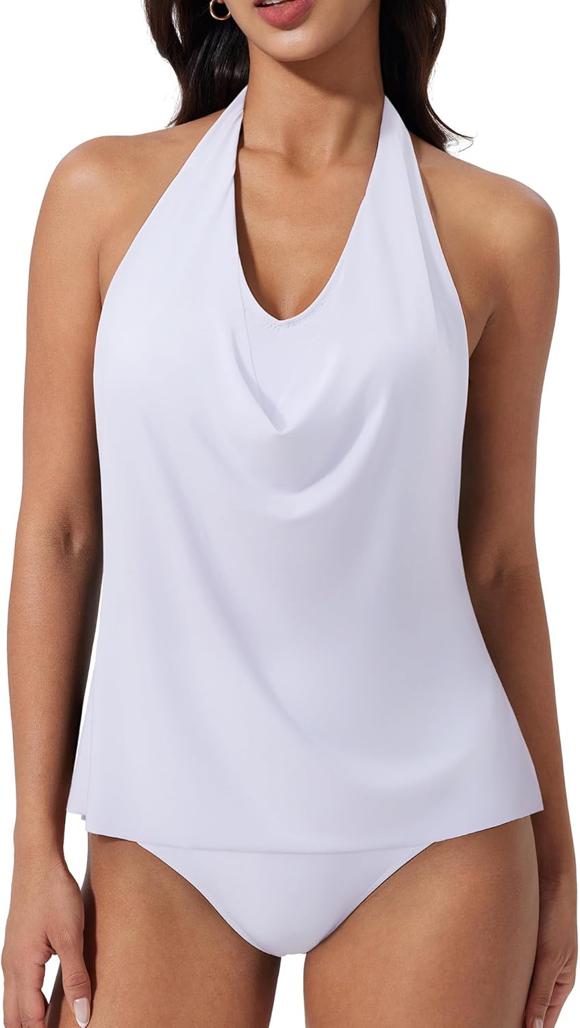 SUUKSESS Women Halter Tankini Swimsuit High Waist Cowl Neck Bathing Suit 2 Piece