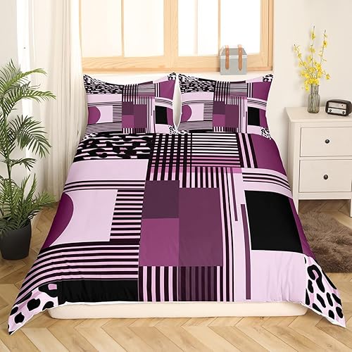 Miniatura 9 de Manfei Juego de funda de edredón geométrica tamaño matrimonial, juego de ropa de cama de 3 piezas con estampado de leopardo a rayas marrones para