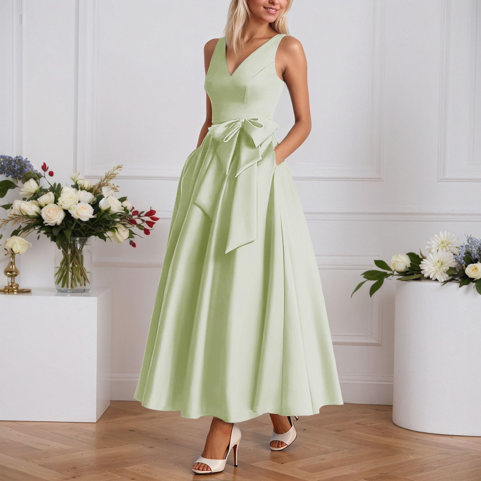 Abendkleid Damen Elegantes Satin Kleid Festliche Cocktailkleid Ansprechendem Ballkleid Bequemer A-Linie Partykleid Lang Brautjungfernkleider Verlobungskleid Wickelkleid Promkleider