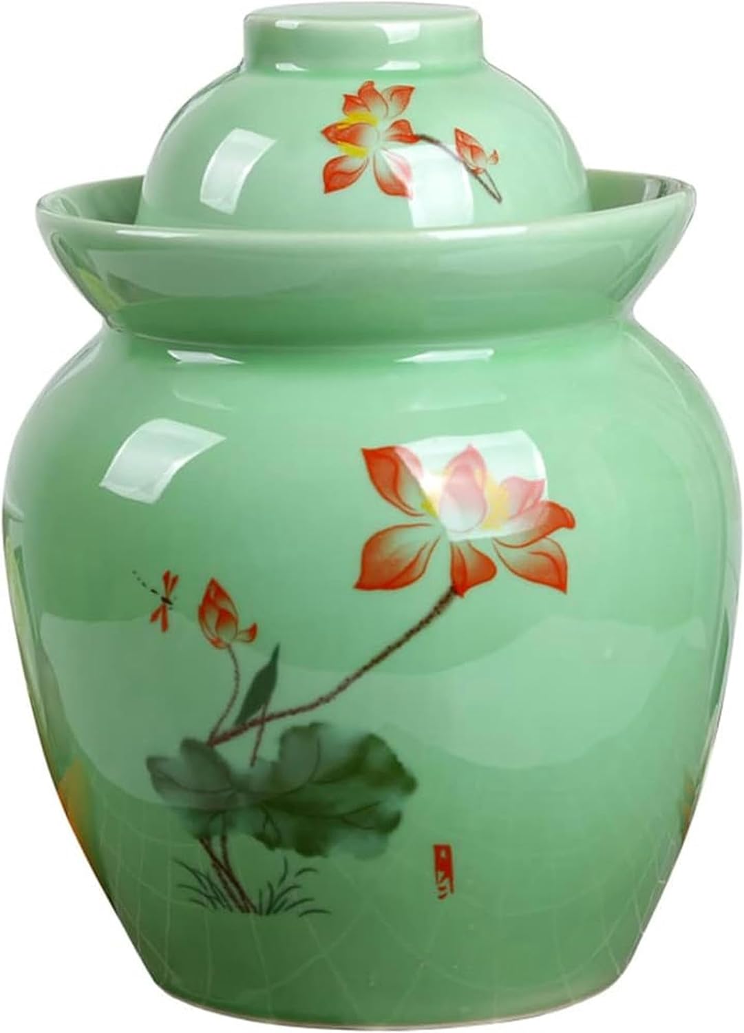 Green Traditional Chinese Porcelain Pickle Jar, Ceramic Fermentation Crock Pickling Pot,Fermenting Jar with Water Seal Airlock Lid Stoneware Fermenter for Kimchi 3.5KG*1