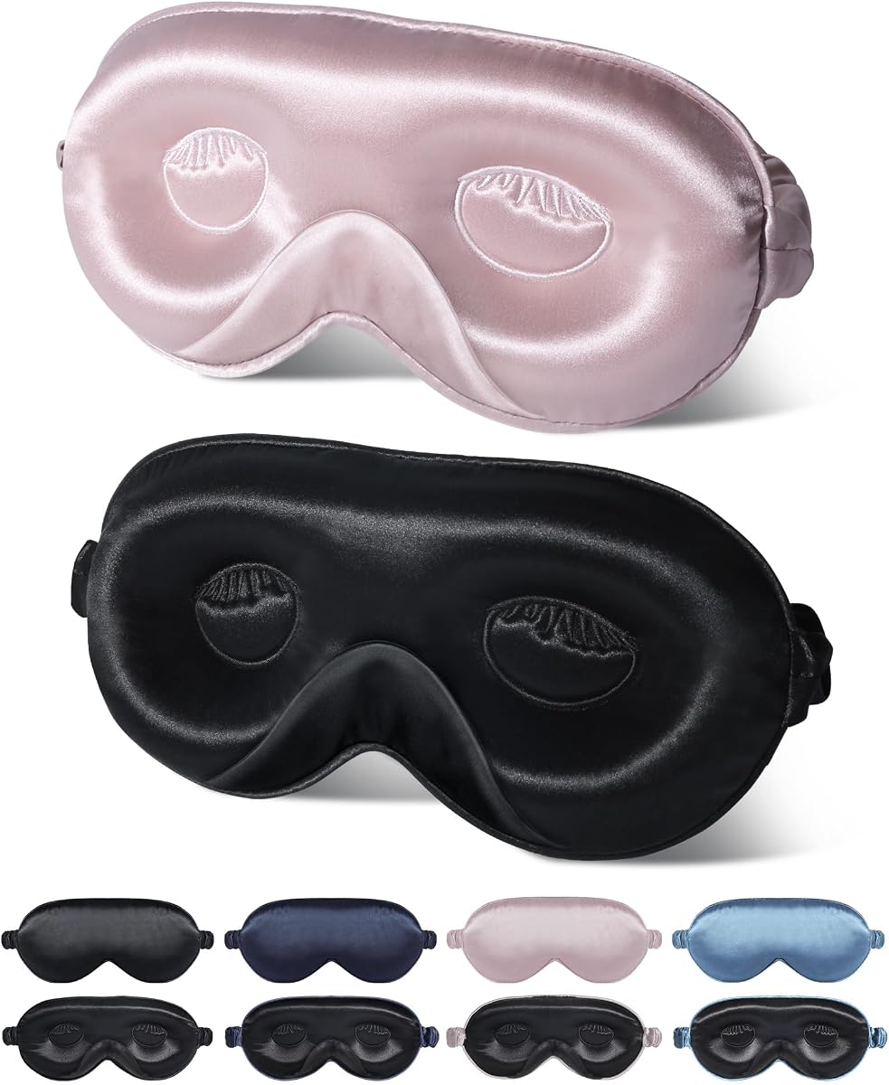 22 Momme Silk Sleep Mask, 3D Contoured Eye Masks for Women(2 Pack) | Luxury 100% Pure Silk Eye Cover for Sleeping, 3D Contoured Eye Shade for Lash Extensions, Zero Eye Pressure & Blackout