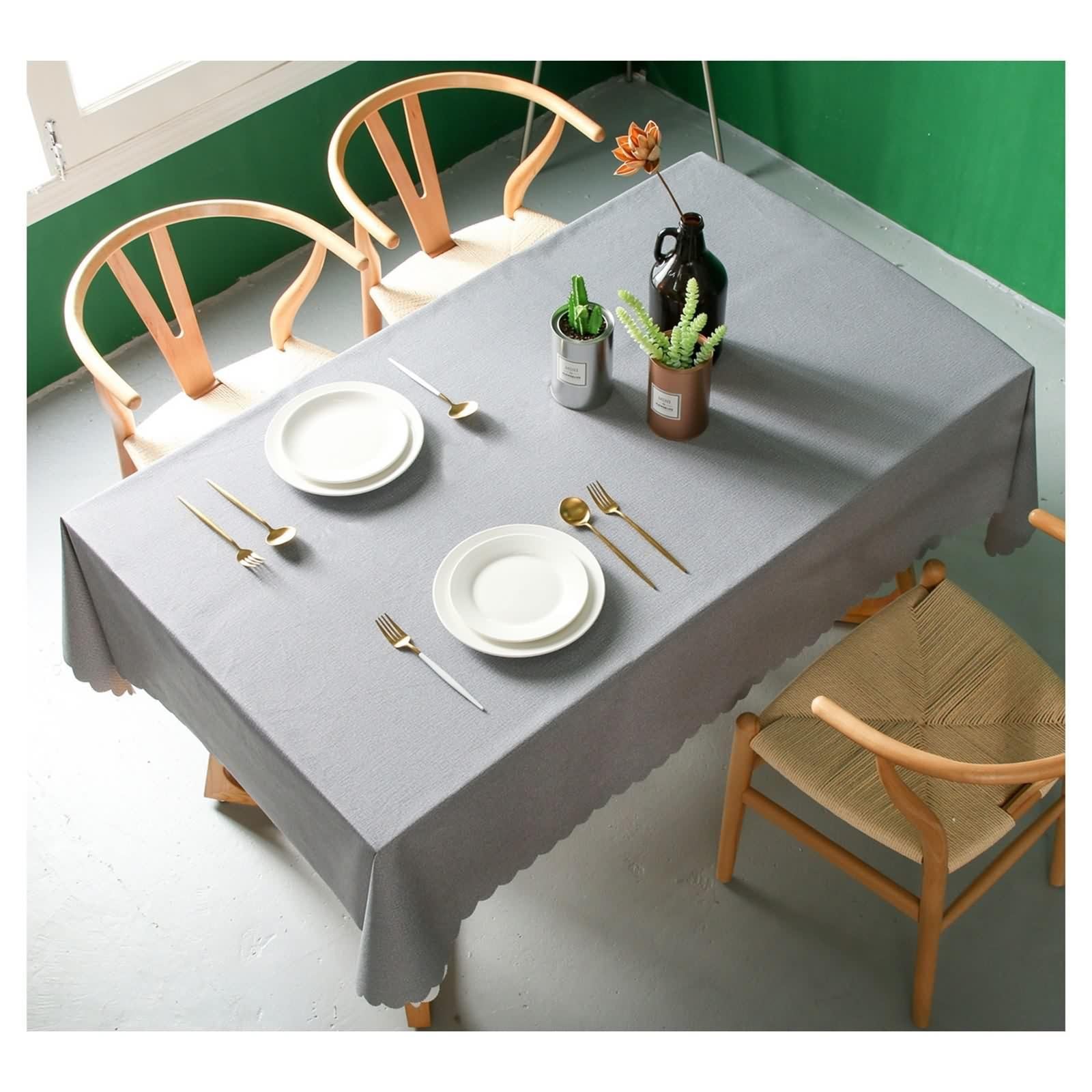 Tovaglia Pvc Rettangolare 140X220, Tovaglia Cucina Vintage Grigio Bordo Ondulato In Tinta Unita Tovaglia Tavolo per Compleanno Festa Matrimonio