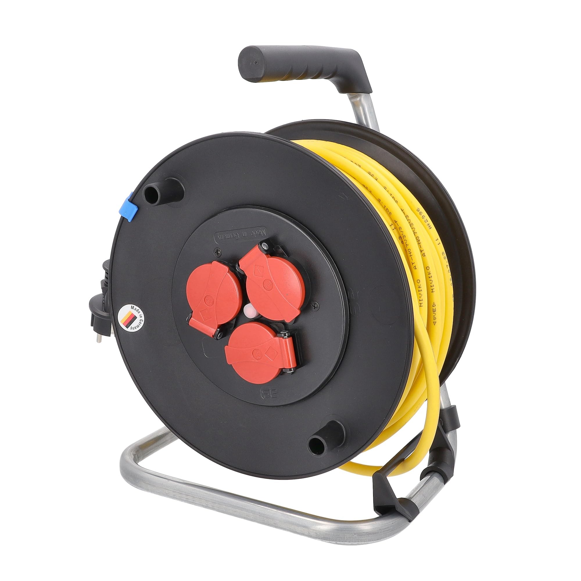 as - Schwabe enrollacables 40 m AT-N07V3V3-F 3G1,5, IP44 exterior, 3 tomas de corriente con toma de tierra, freno de bloqueo, guía de cable, Made in Germany