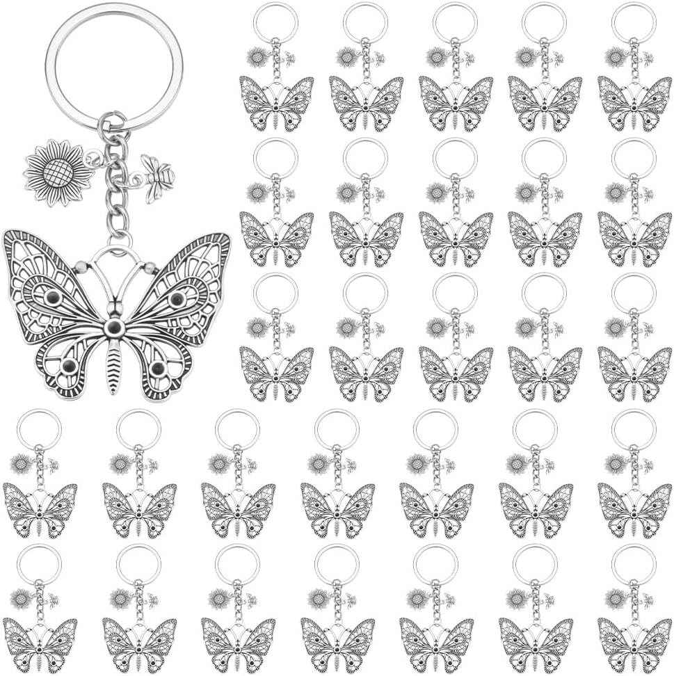 WEBEEDY 24 Pcs Butterfly Keychains Purse Charm Alloy Butterfly Flower Key Chain Bag Charm Cute Keychain for Backpacks, Appreciation Gifts for Christmas Birthday Thanksgiving Day Party Favors