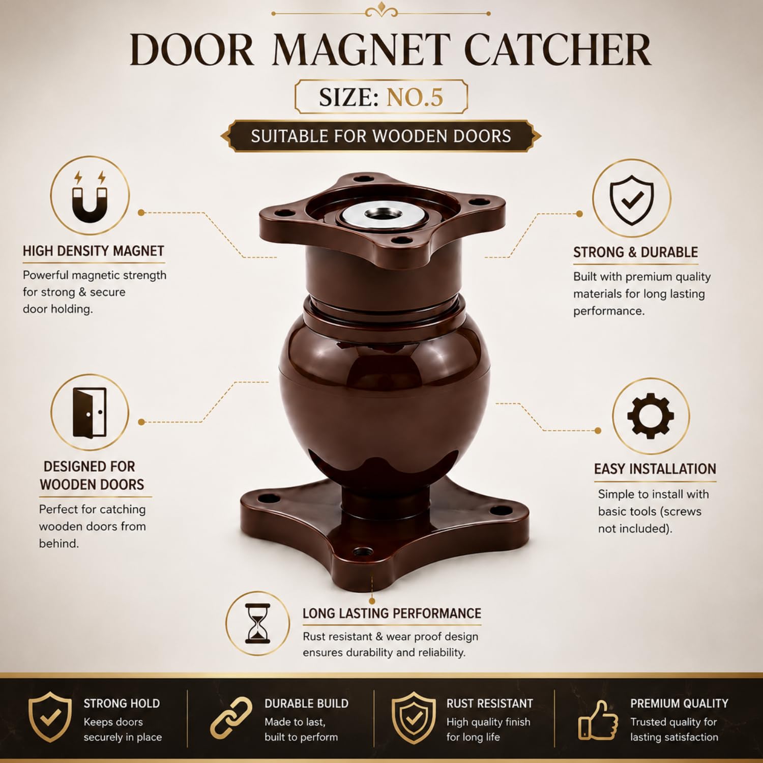 Elite Heavy Duty Wall Mounted Magnetic Door Stopper Catcher, Size 5 Number, for Main Door, Bed Room Door, and All Other Type Doors Protection, Pack of 3 (Brown) — Amazon image 5