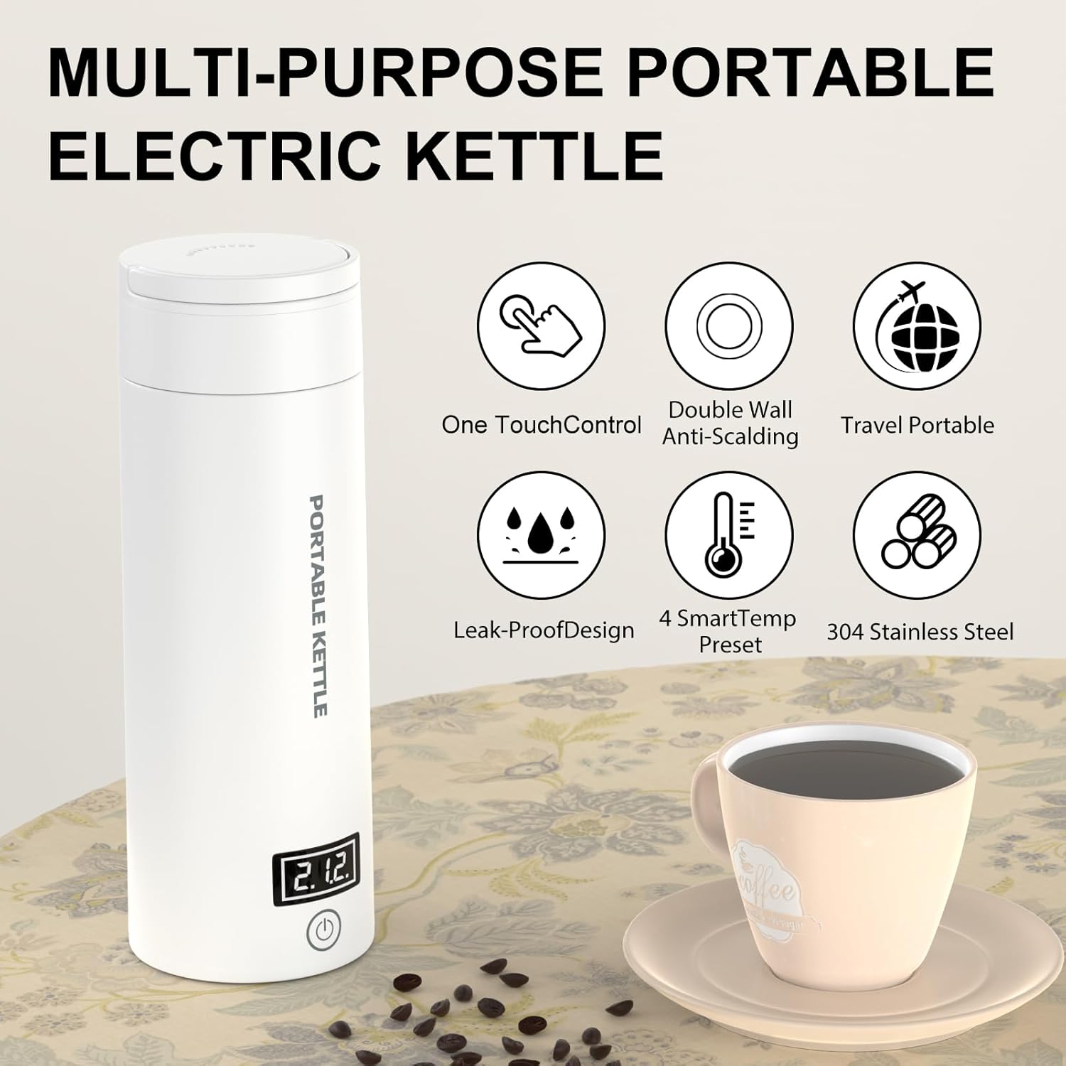 Travel Electric Kettle,Small Portable Kettle,Water Boiler for Travel & Work with 4 Temperature Controls,Made of 304 Stainless Steel,Auto Shut Off & Boil Dry Protection